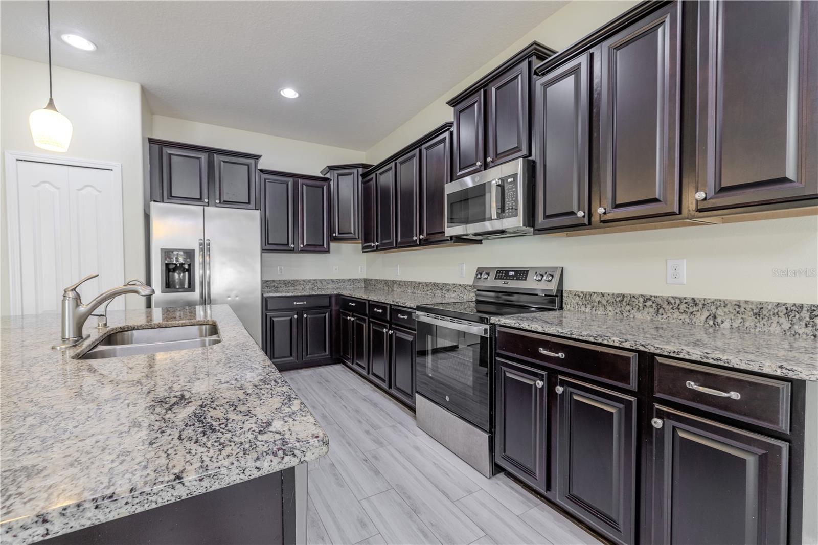 The kitchen features ebony wood cabinetry complimented by granite countertops.