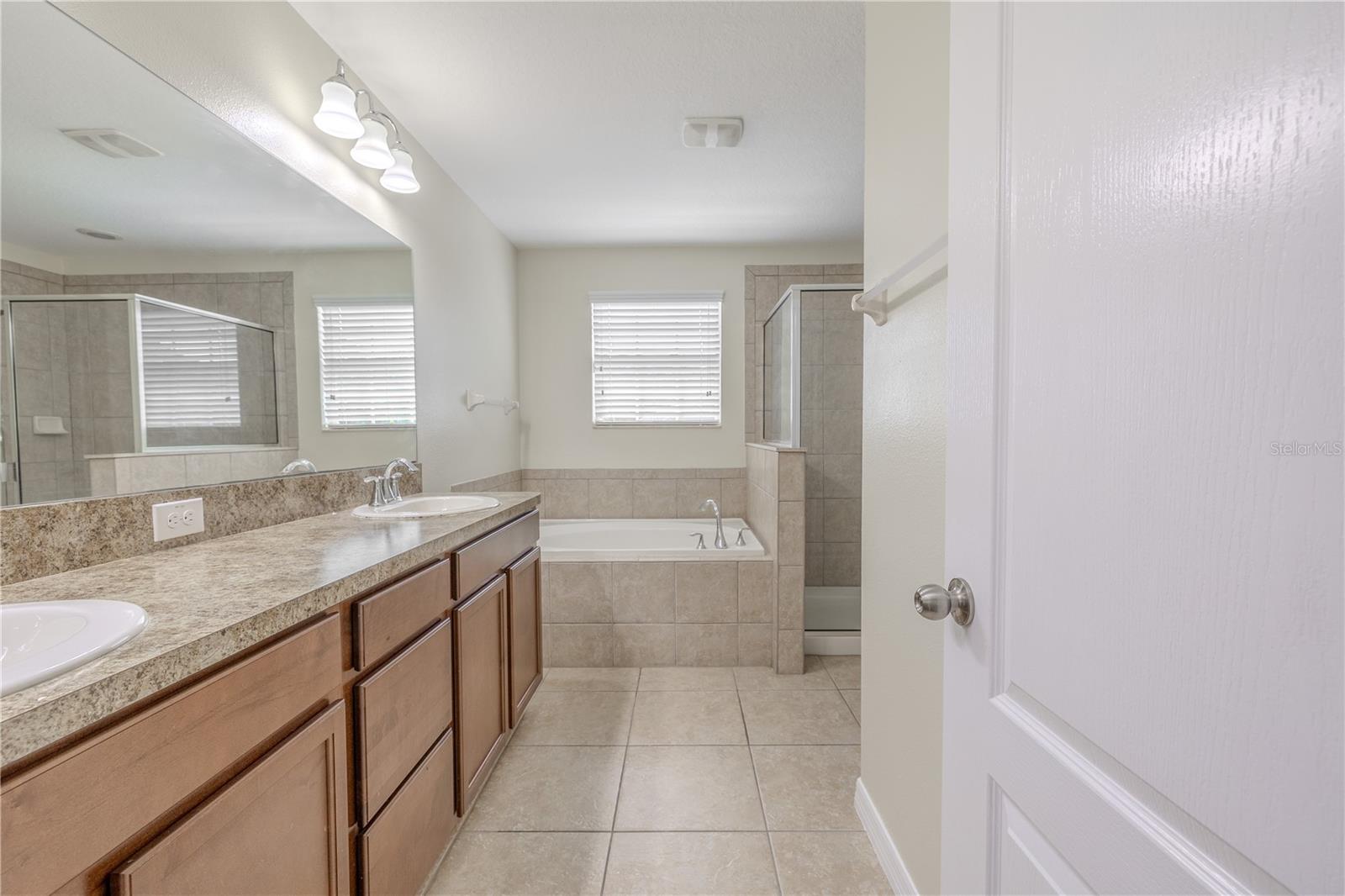 Primary bathroom features a dual sink, mirrored wood vanity with storage, granite countertops and downlight fixtures.