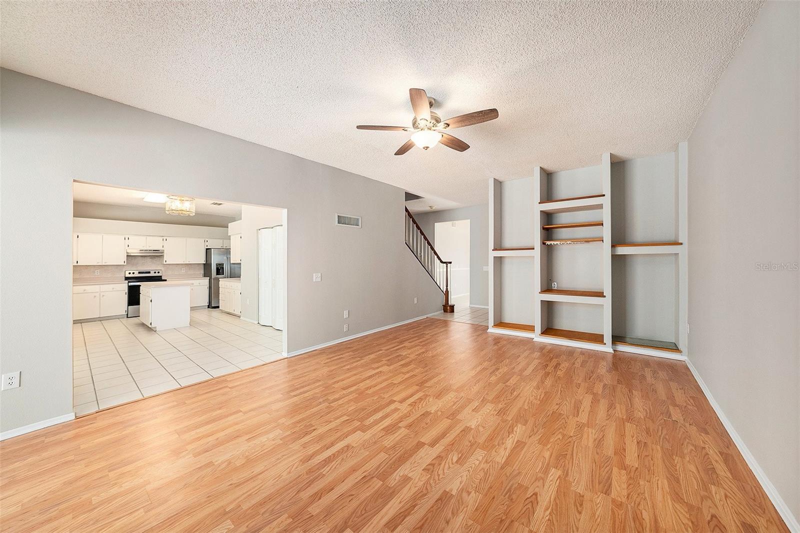 Built in shelving for the spacious living room!