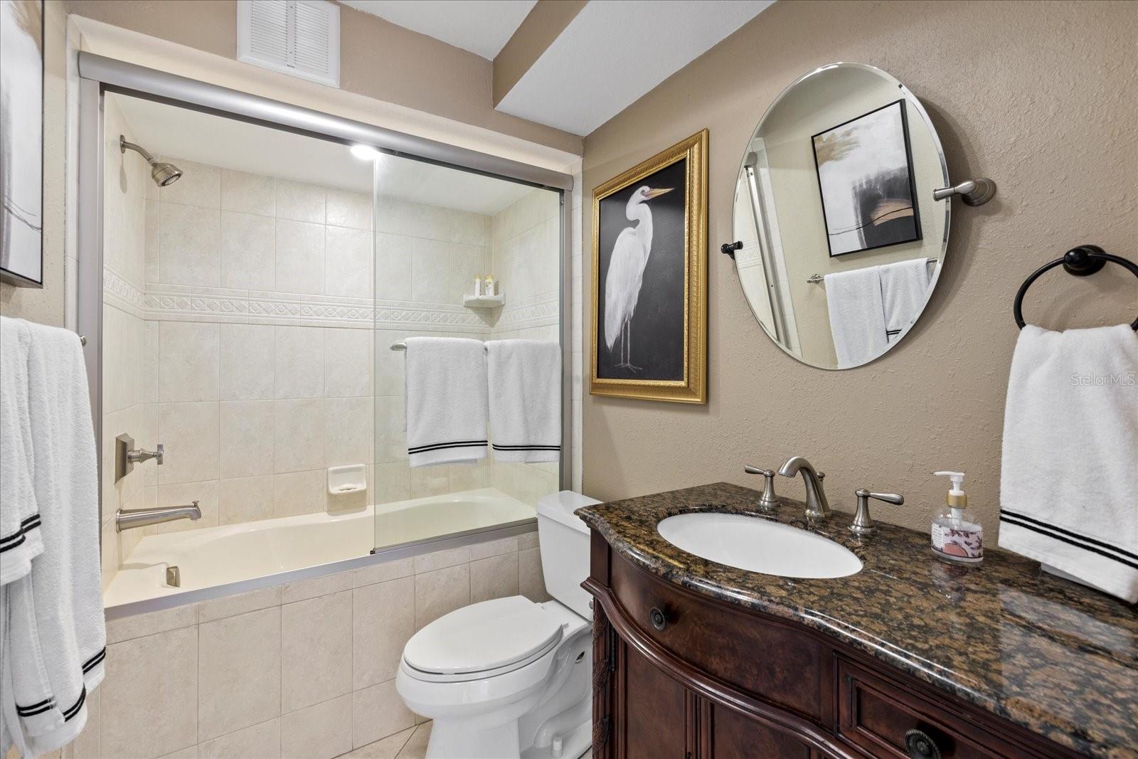 Bathroom with jacuzzi tub/shower.