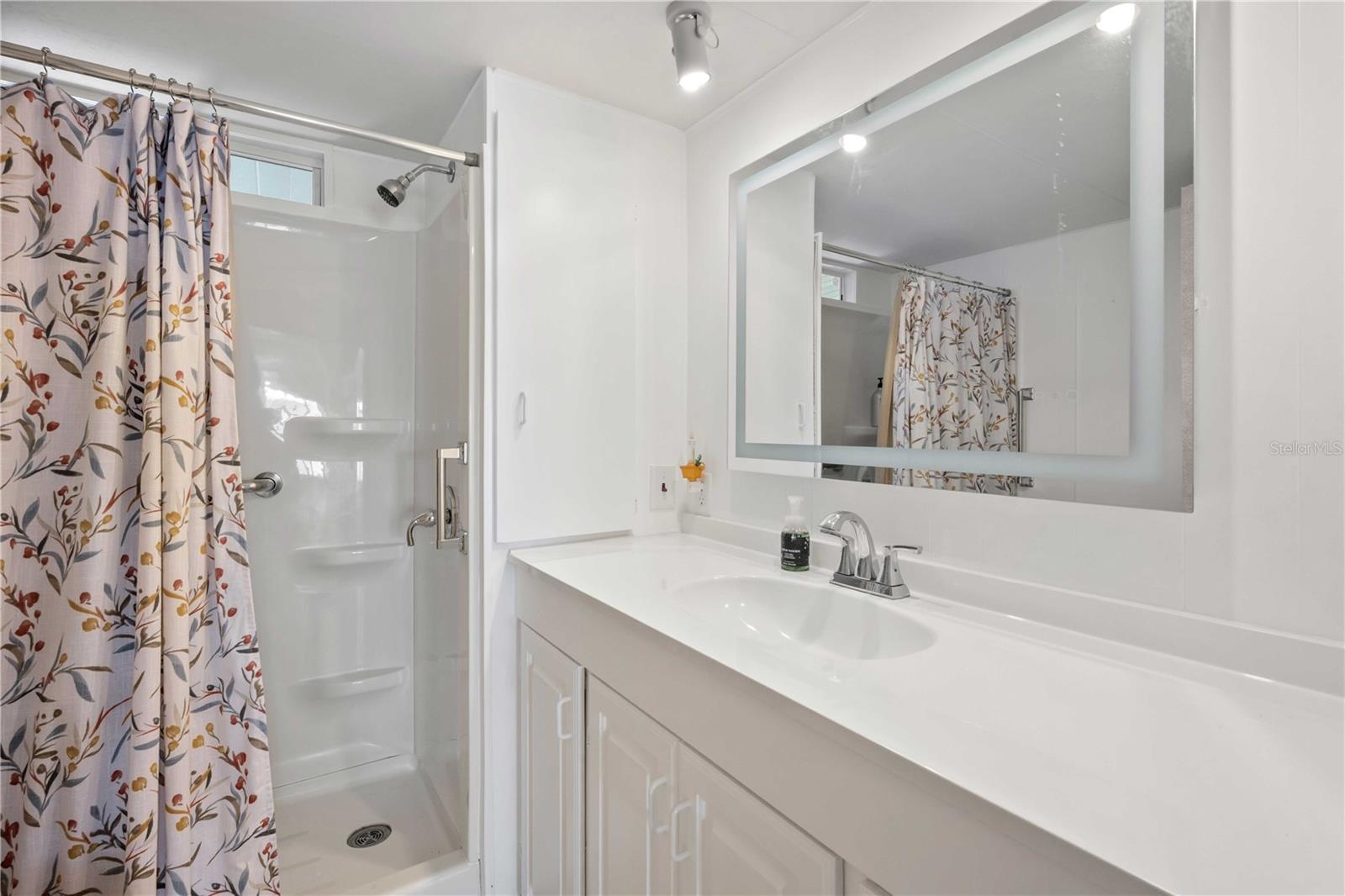 Primary bath has step-in shower, updated vanity, and custom mirror.