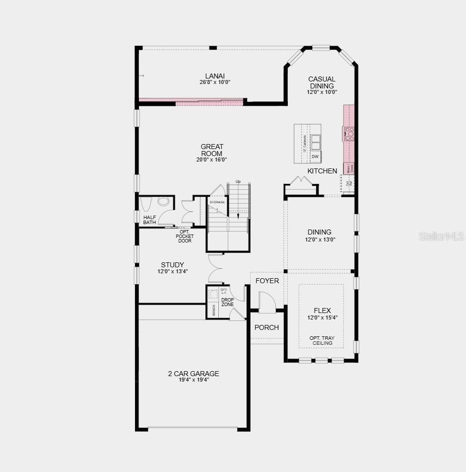 First Floor Plan - Structural options added include: gourmet kitchen, tray ceilings at primary suite, flex space, and game room, pocket sliding glass door at gathering room, 8' interior doors, and single pocket door at studyStructural options added include: gourmet kitchen, tray ceilings at primary suite, flex space, and game room, pocket sliding glass door at gathering room, 8' interior doors, and single pocket door at study