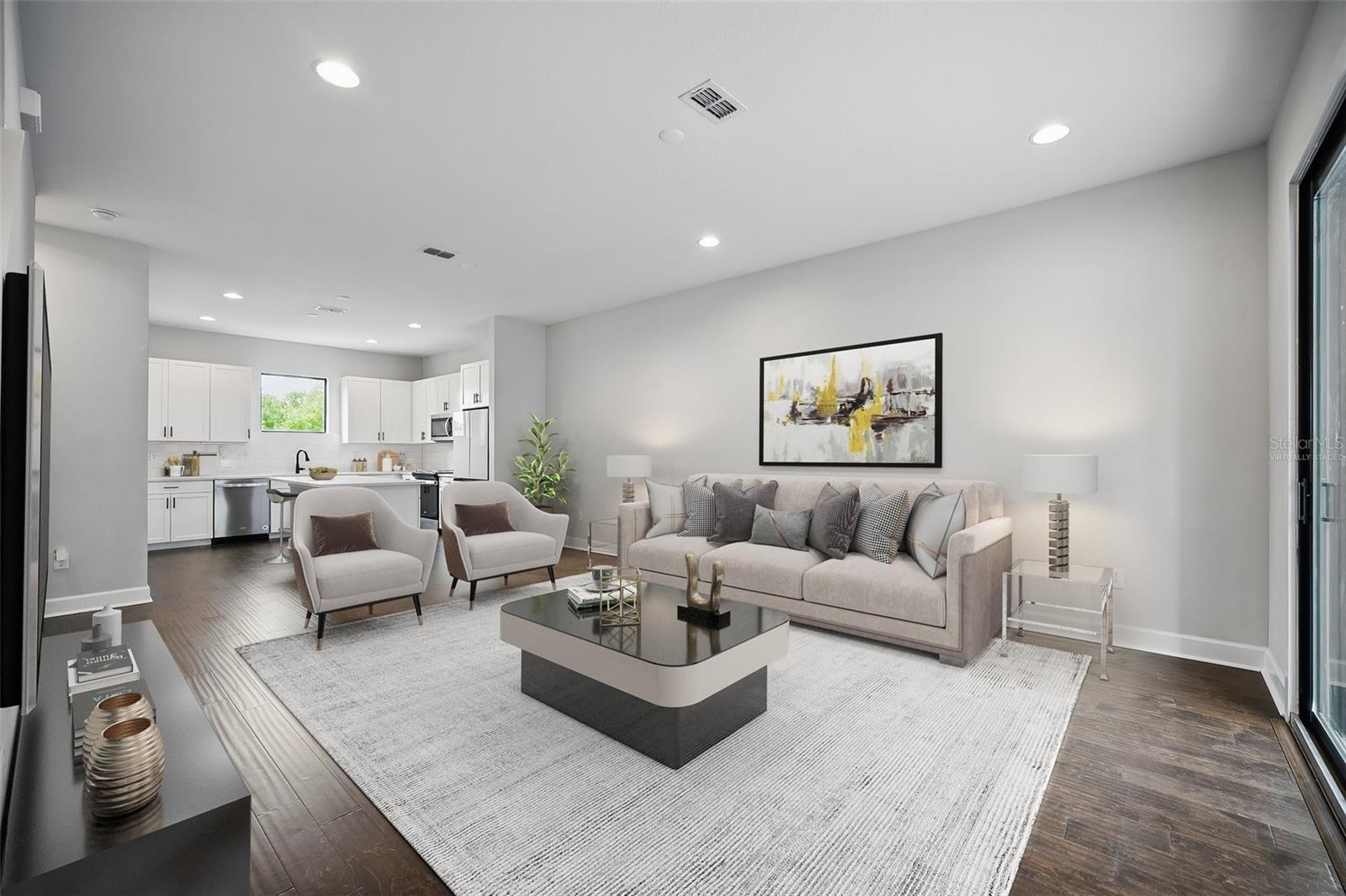 Virtually staged. Expansive Living room- Kitchen space