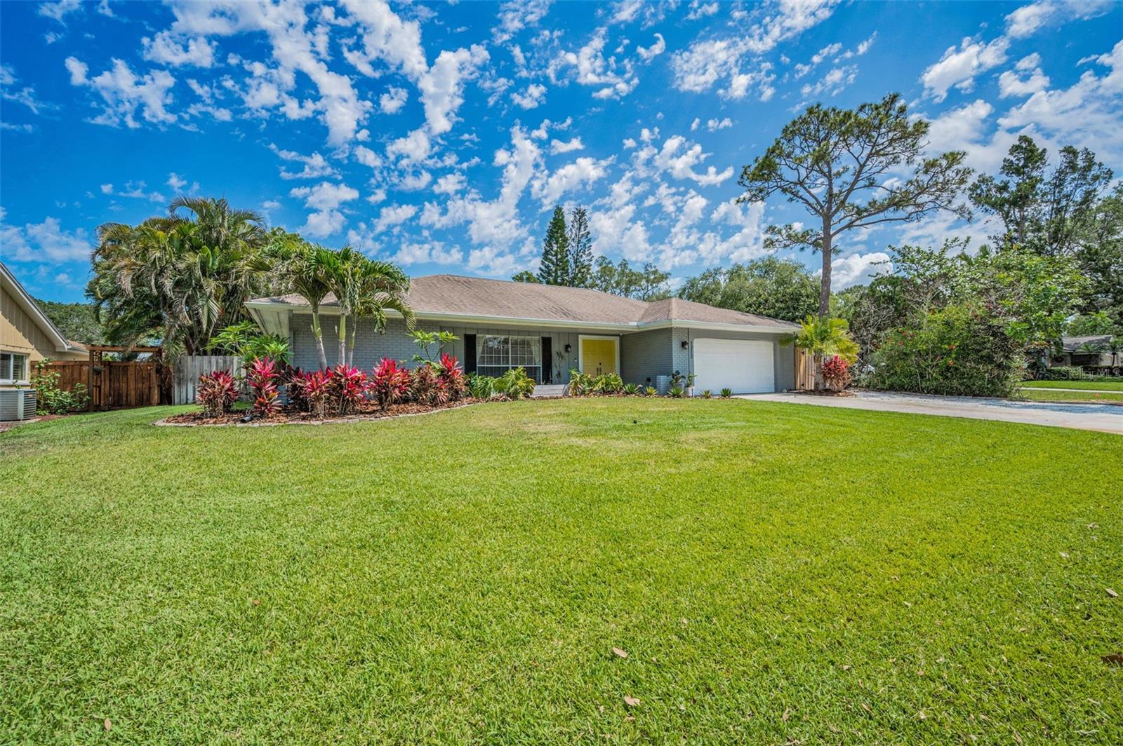 Spacious front yard with easy care lawn and tropical landscaping.
