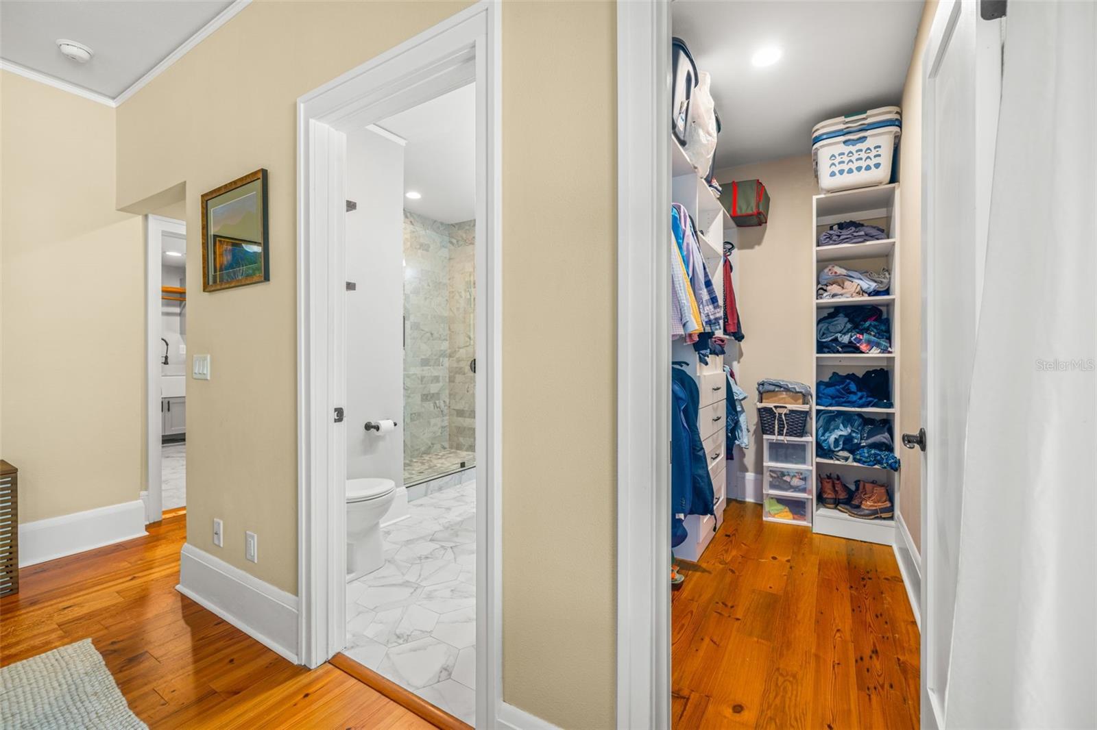 Walk-in closet with organizers.