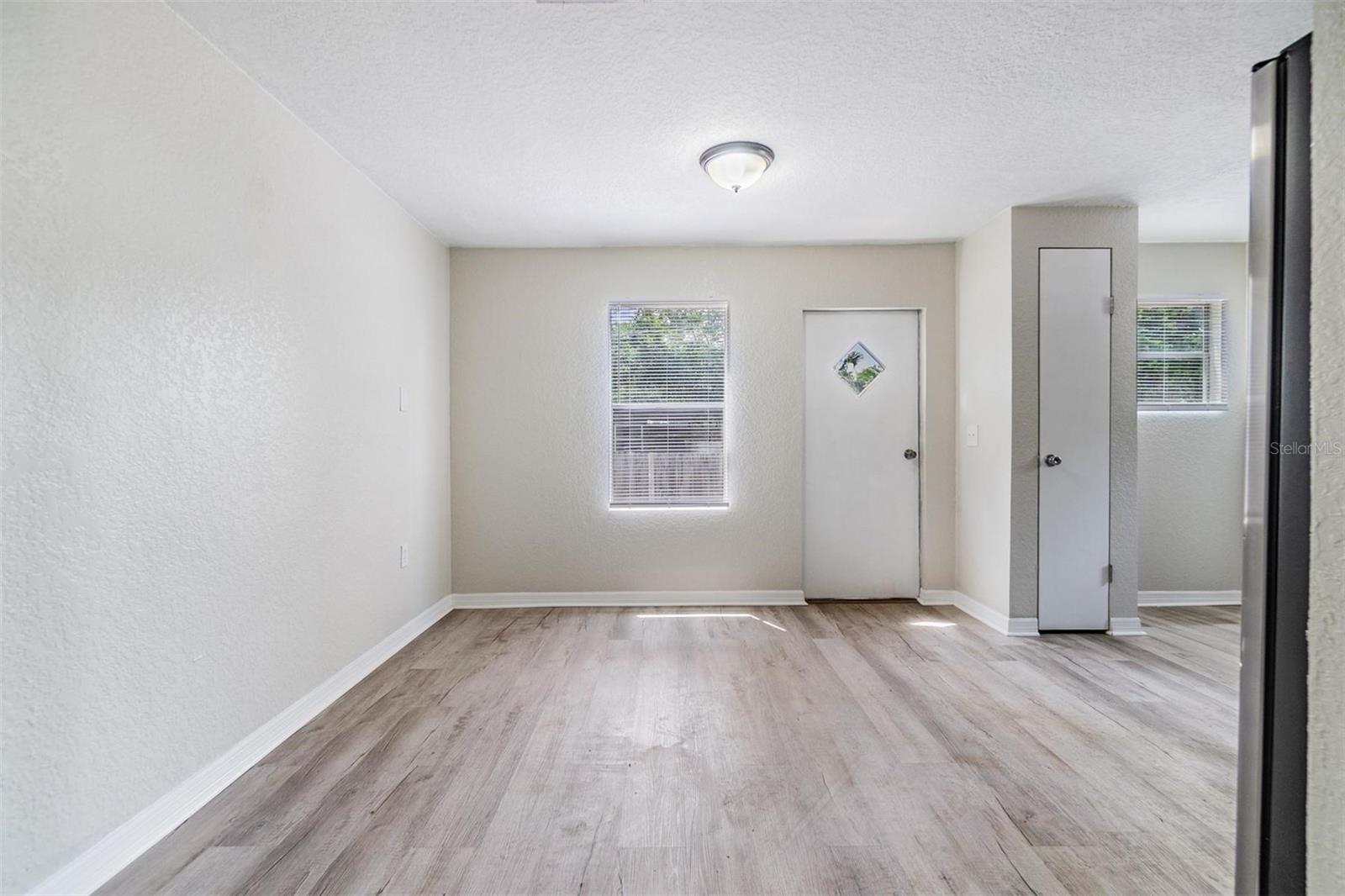 Entrance door into Dining Room / Kitchen.  Second door is a pantry.NEW LUX VINYL PLANK FLOORS. NO POPCORN CEILING.  DRYWALL ON WALLS.