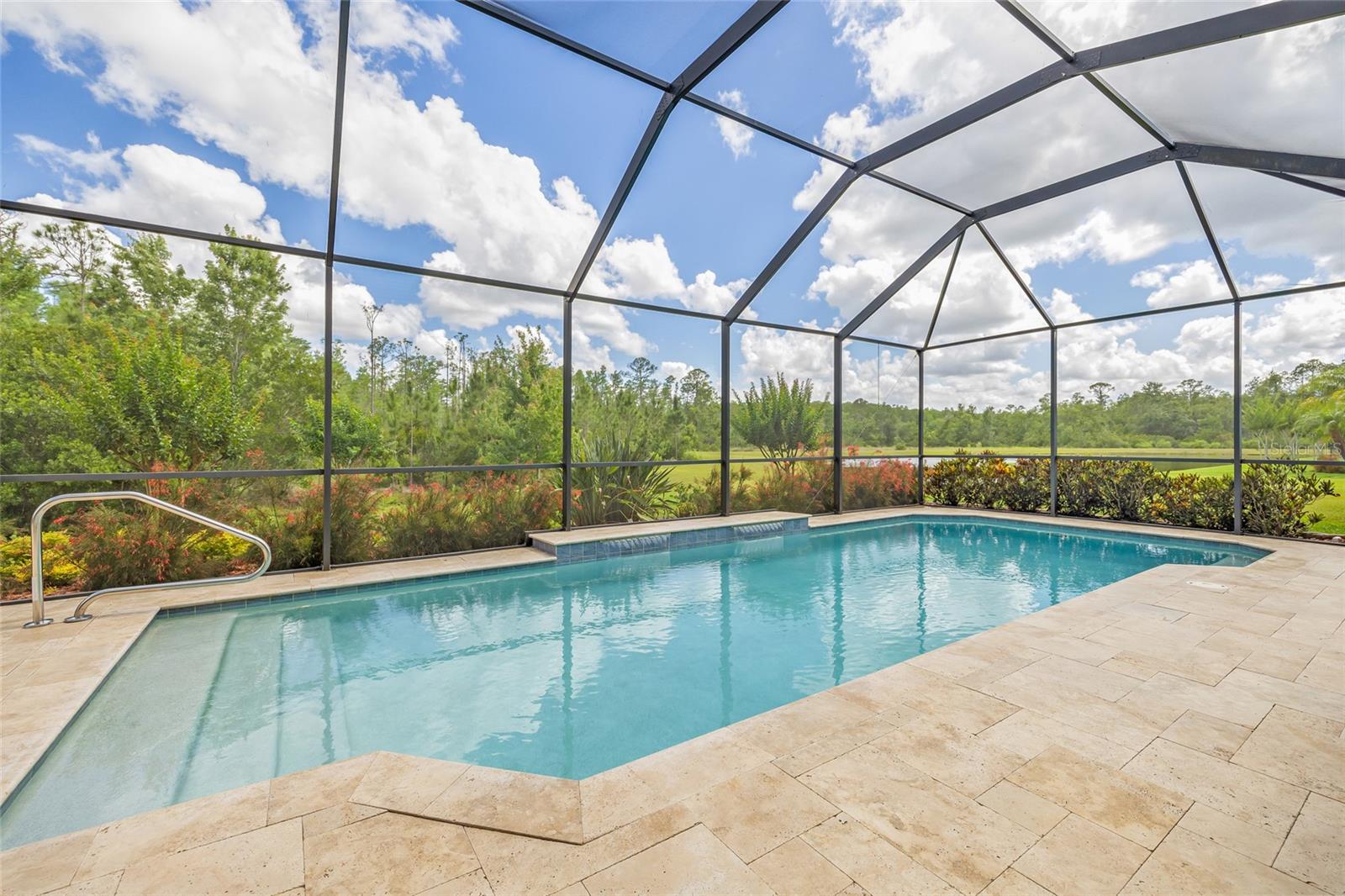 Screened Pool area with travertine