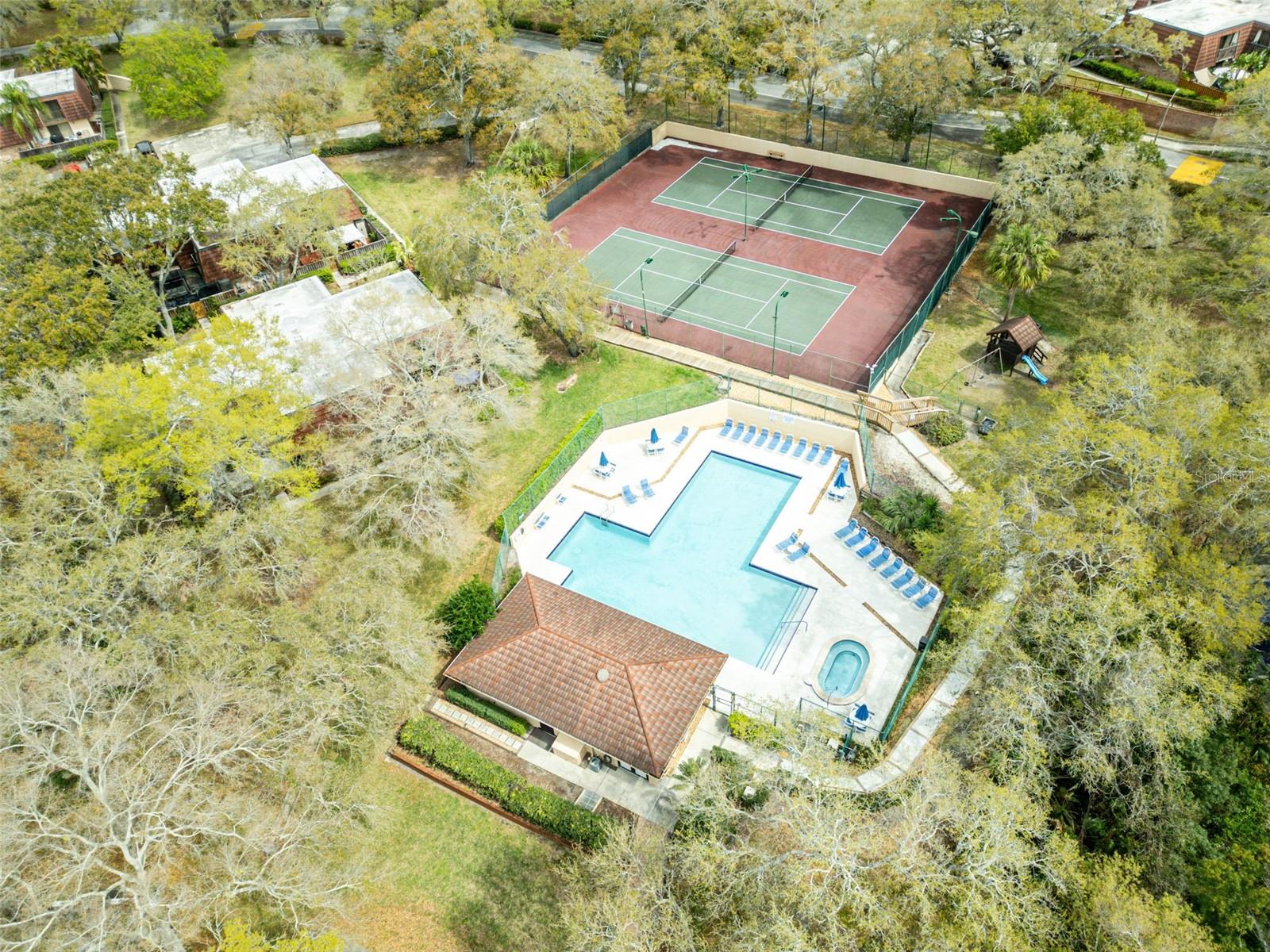 Aerial View Pool and Tennis Courts