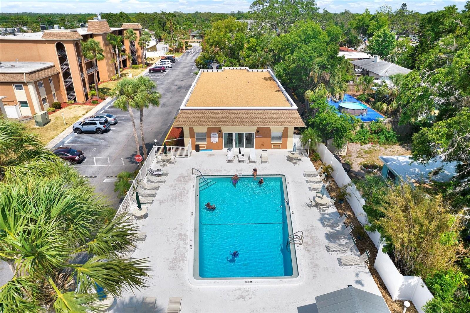 Aerial shot of community pool and courtyard