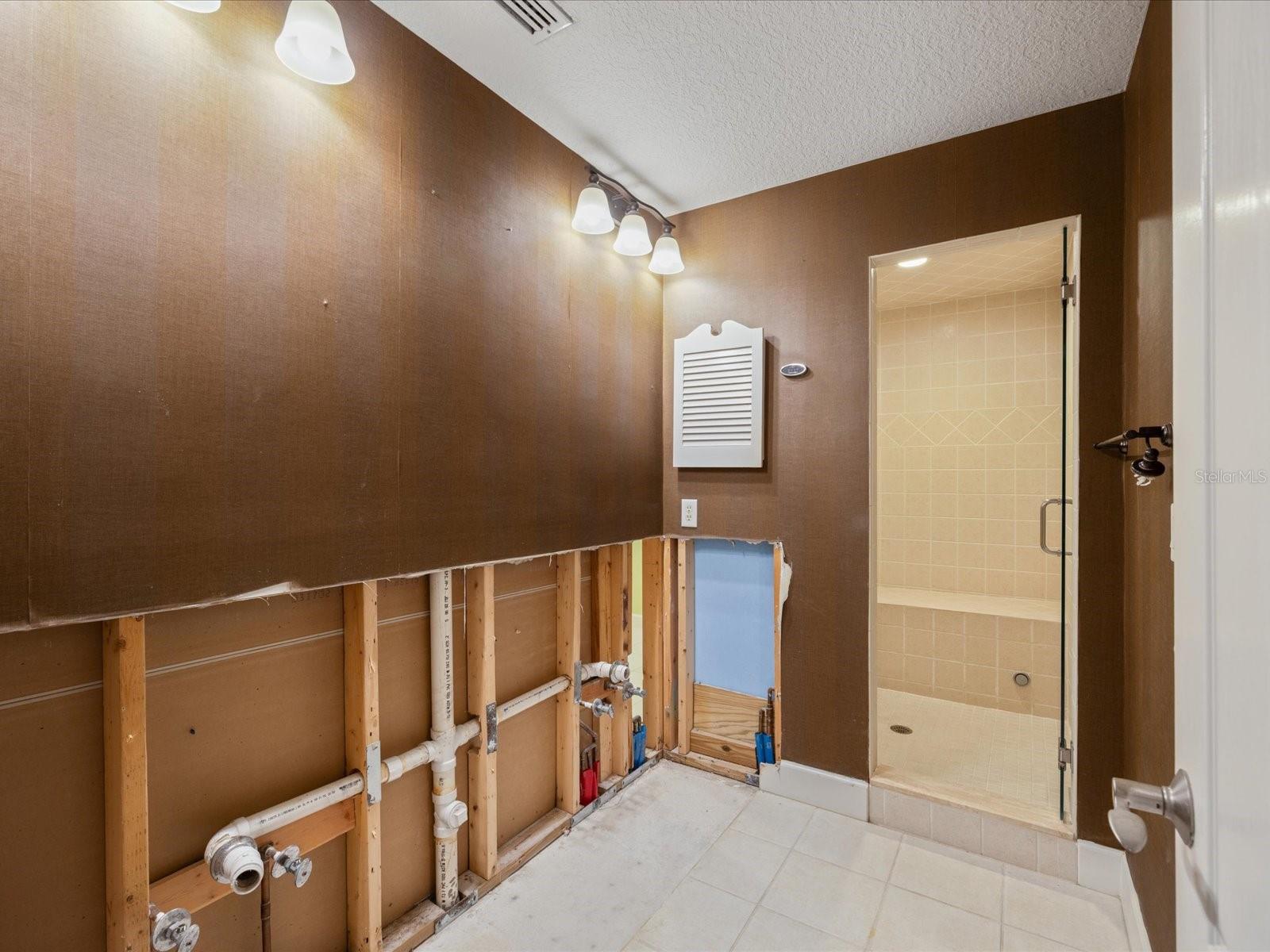 Primary en suite with double vanity, water closet and oversized steam shower