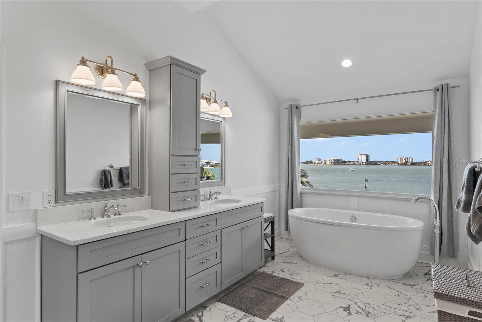 Dual vanities with tons of storage.