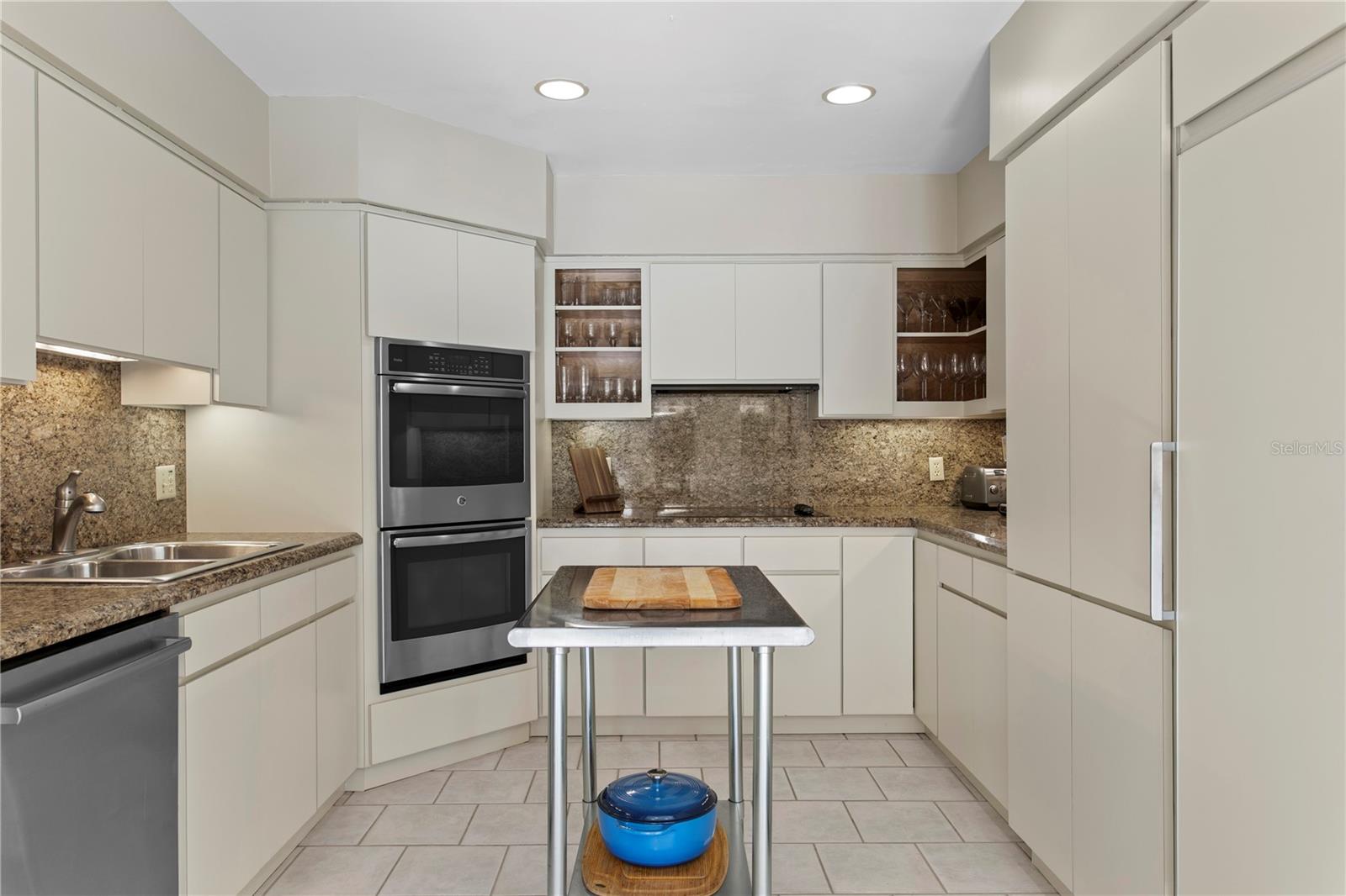 The Chef’s kitchen includes SubZero refrigerator, plenty of counter space and a movable island