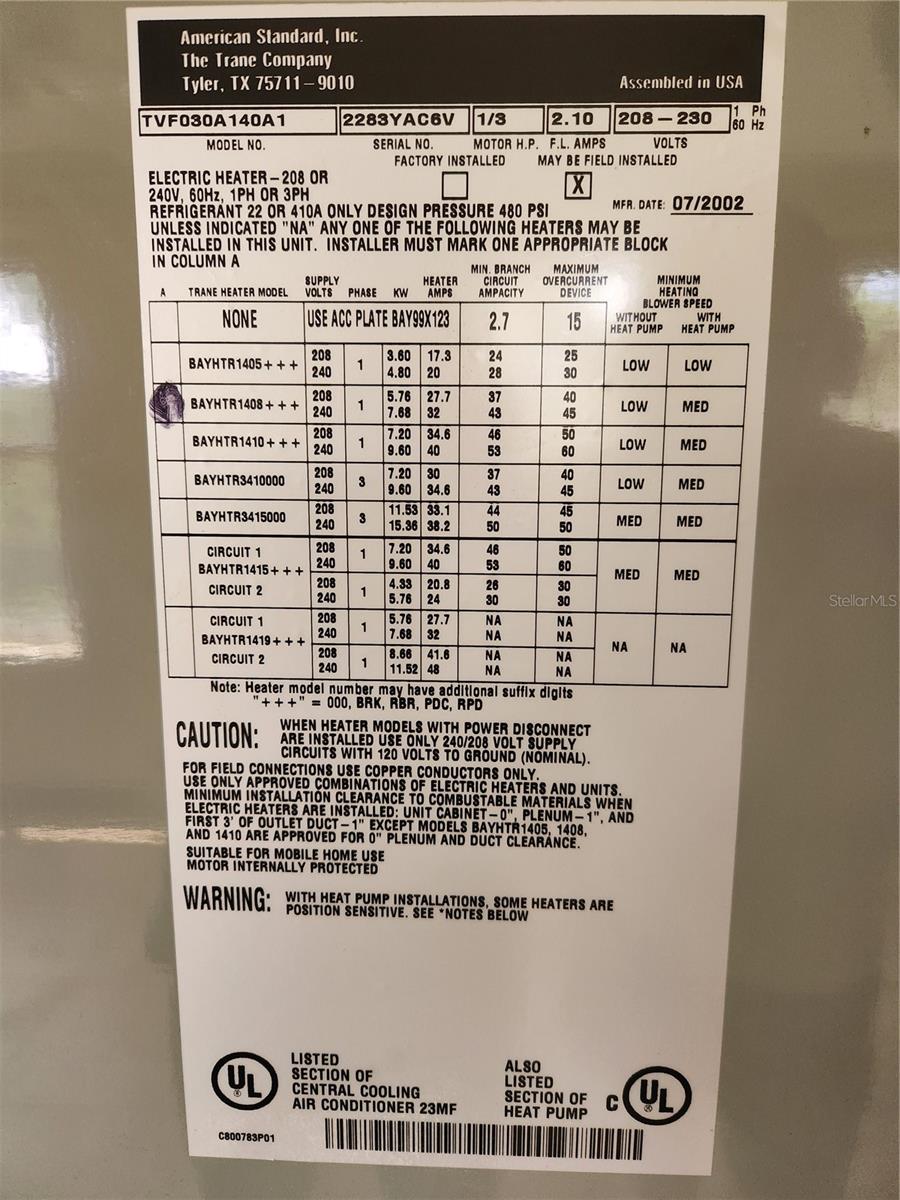Air Handler Data Plate 2002