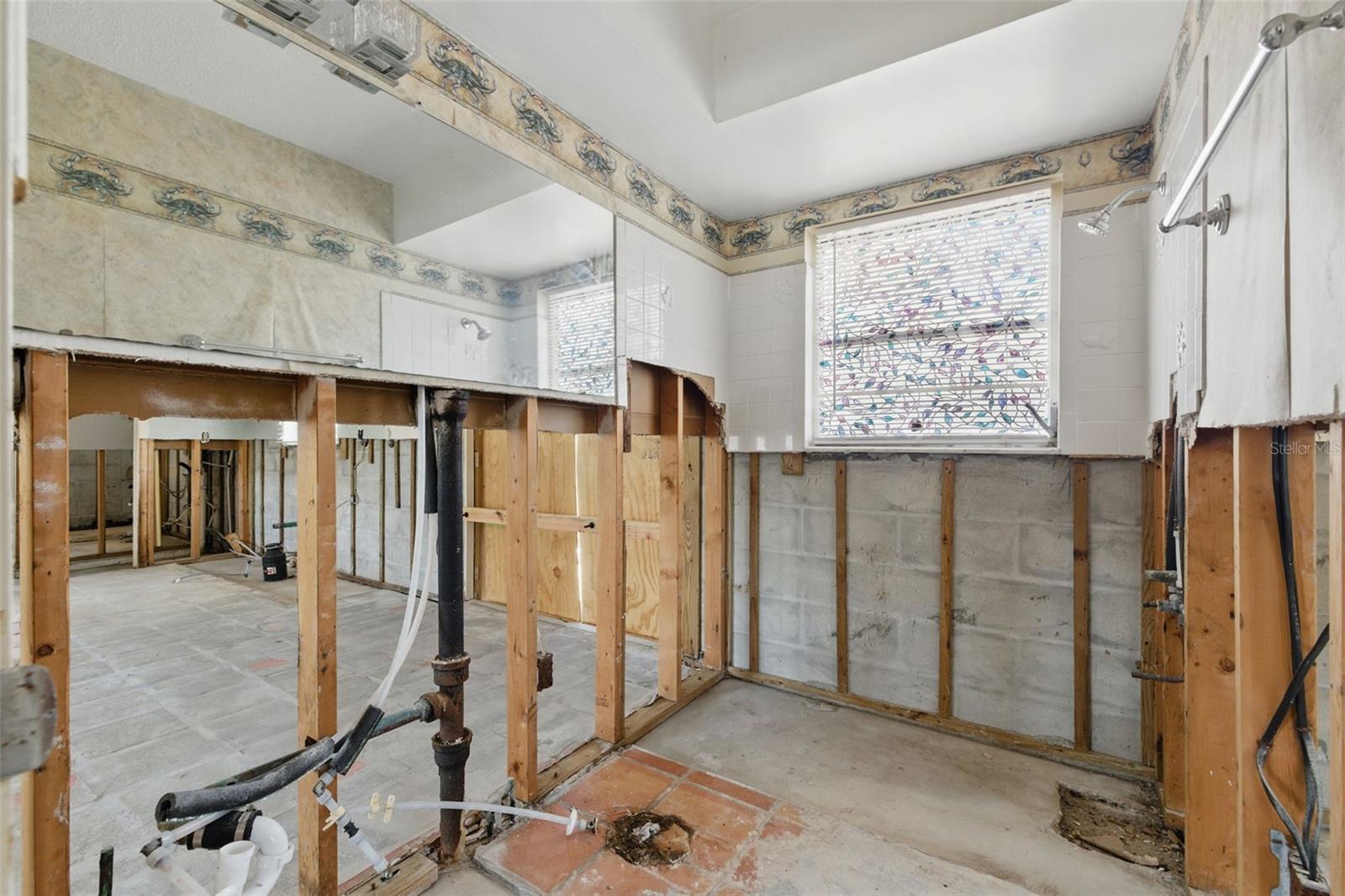 Roomy Hall bath with plenty of options.