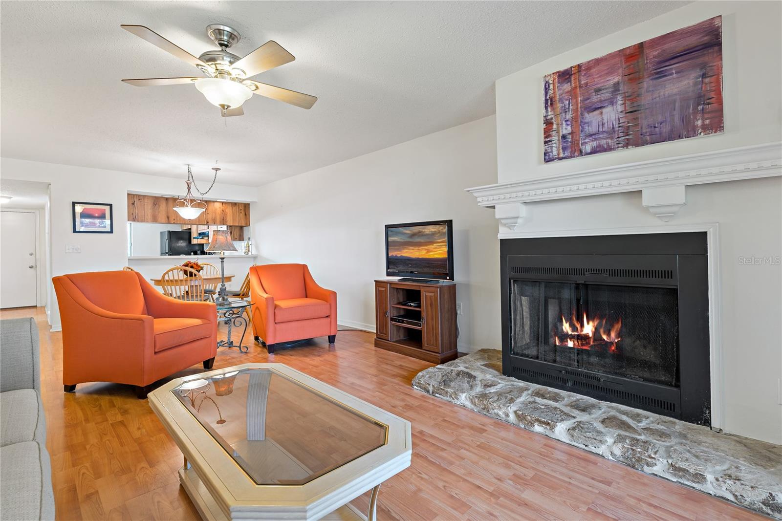 Living Room with Wood Burning Fireplace
