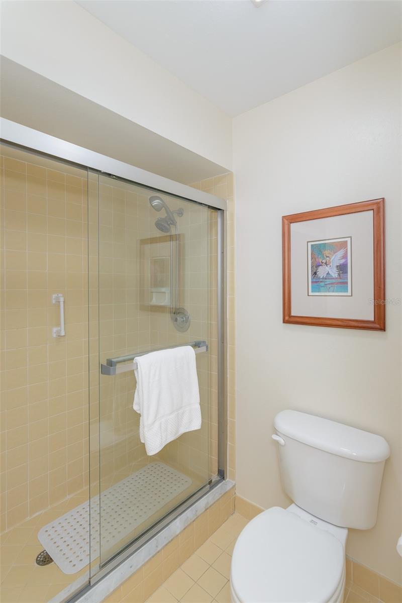 Water closet with walk-in shower.