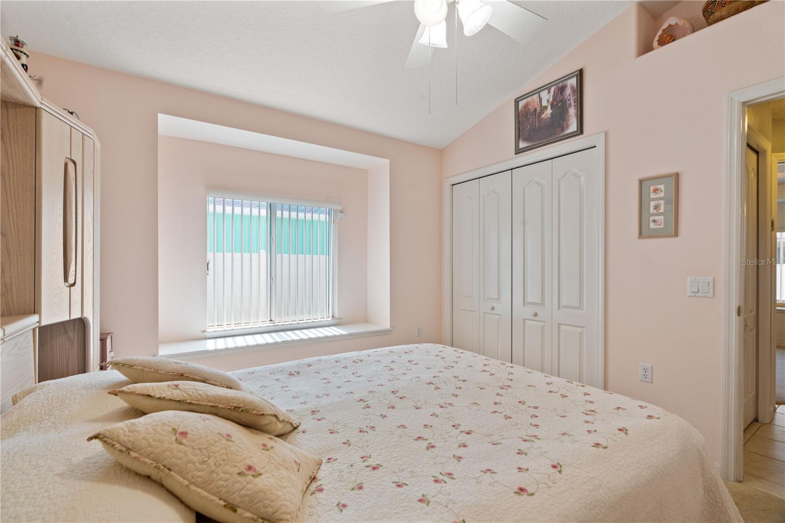 A window seat at the window is a convenient place to put your decorative pillows at night. Decorative drywall shelf above entry door is a great place to display memorabilia