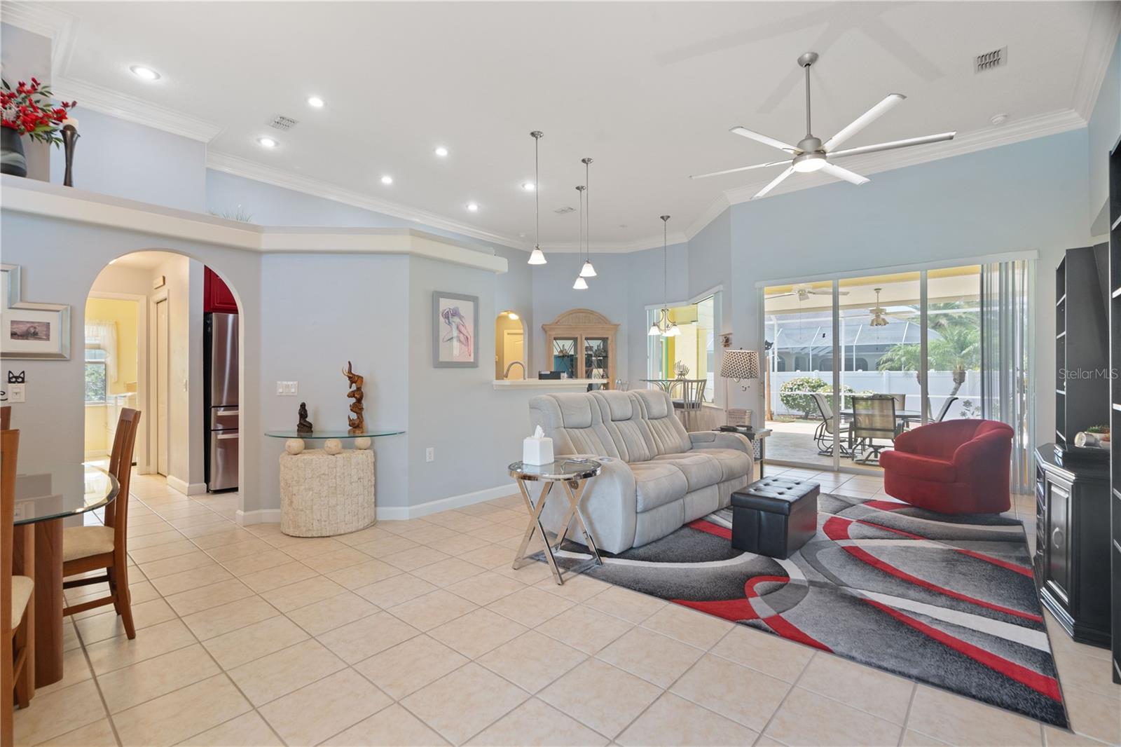 A view of the great room after stepping into the house from the front entrance