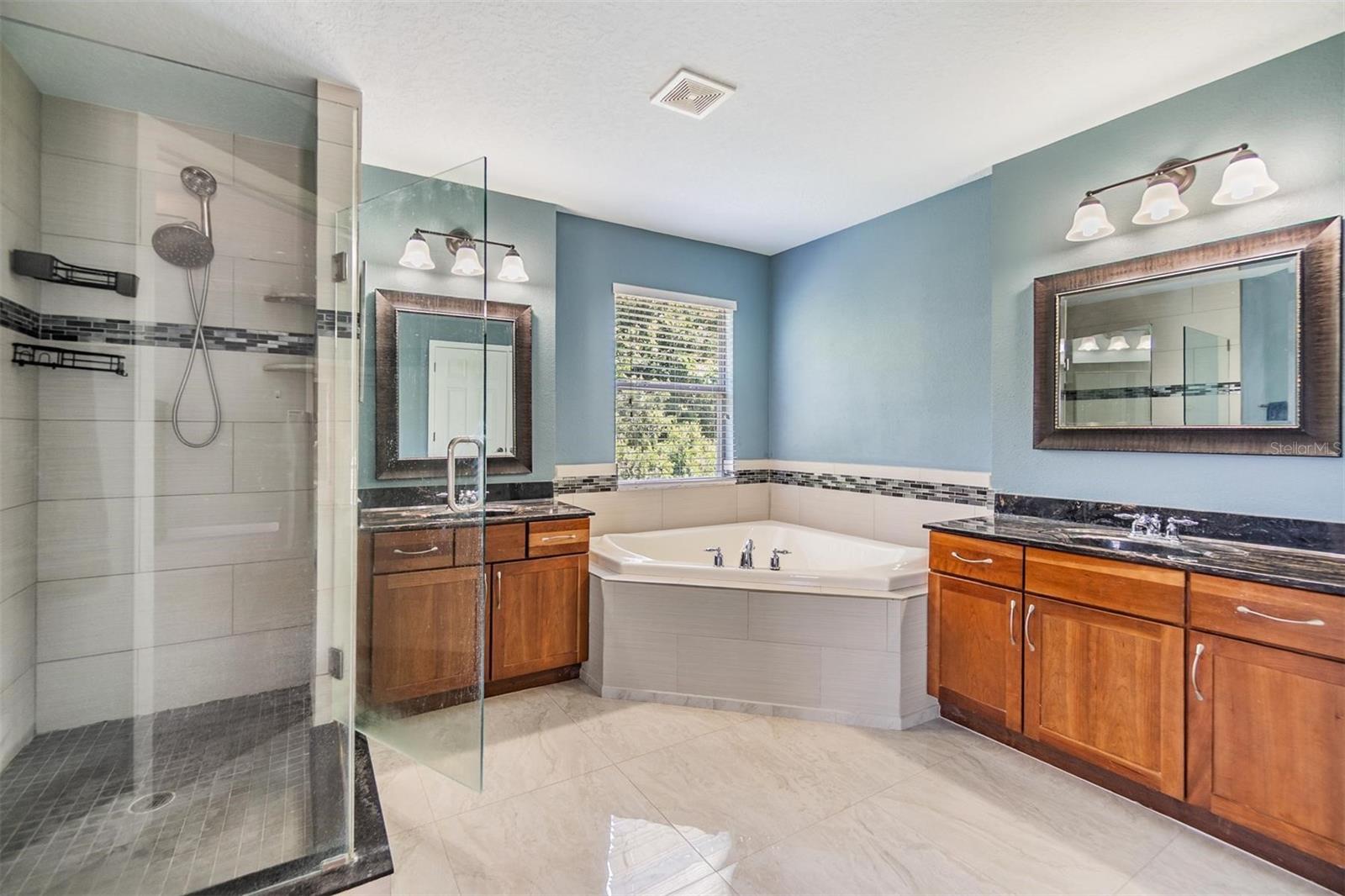 Step-in glass shower with a corner soaking tub