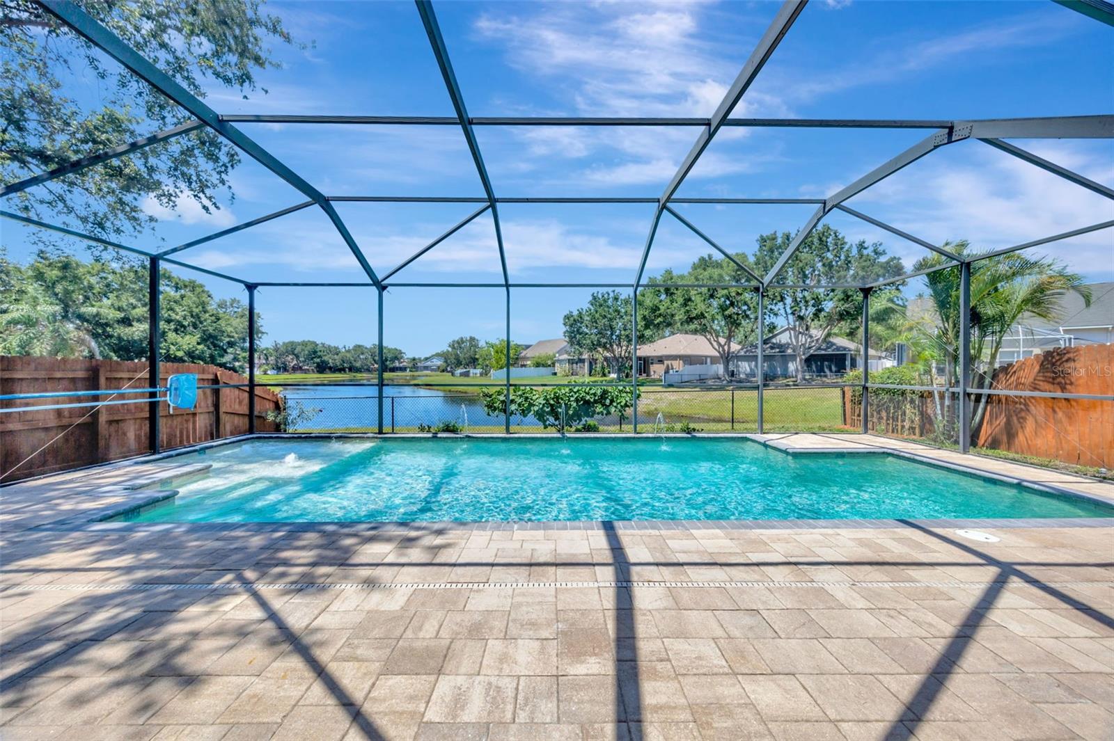 Pool deck and pool.