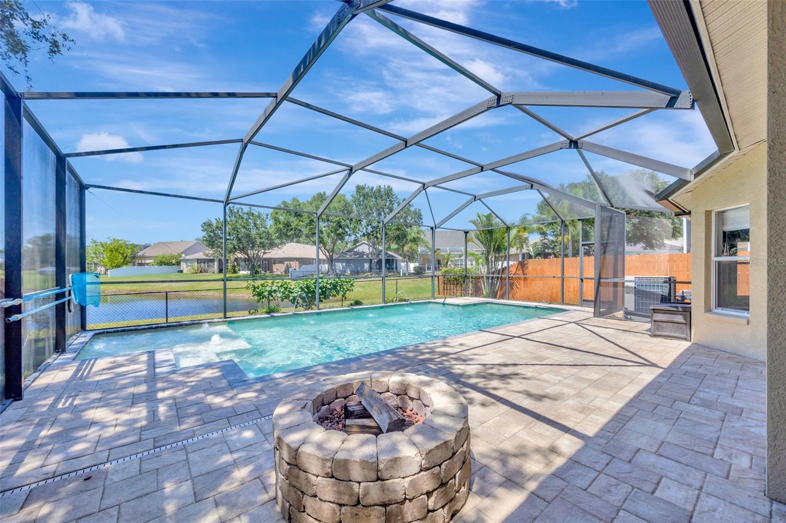 Pool deck and pool.