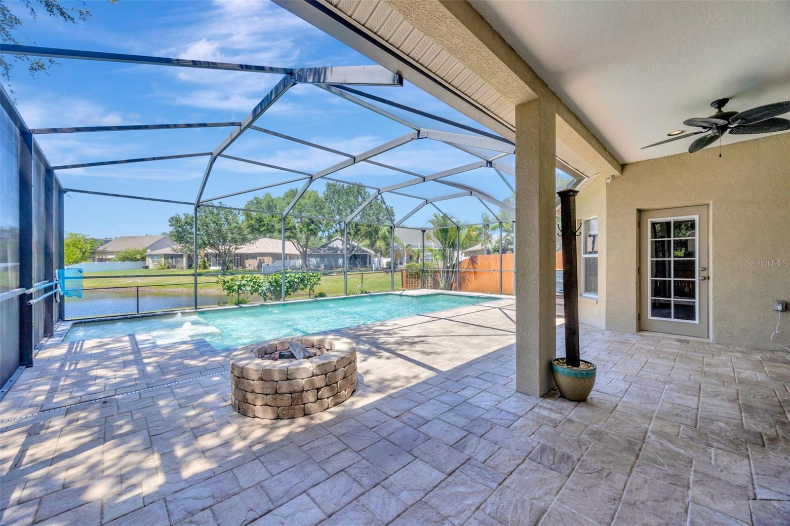 Pool deck and pool.