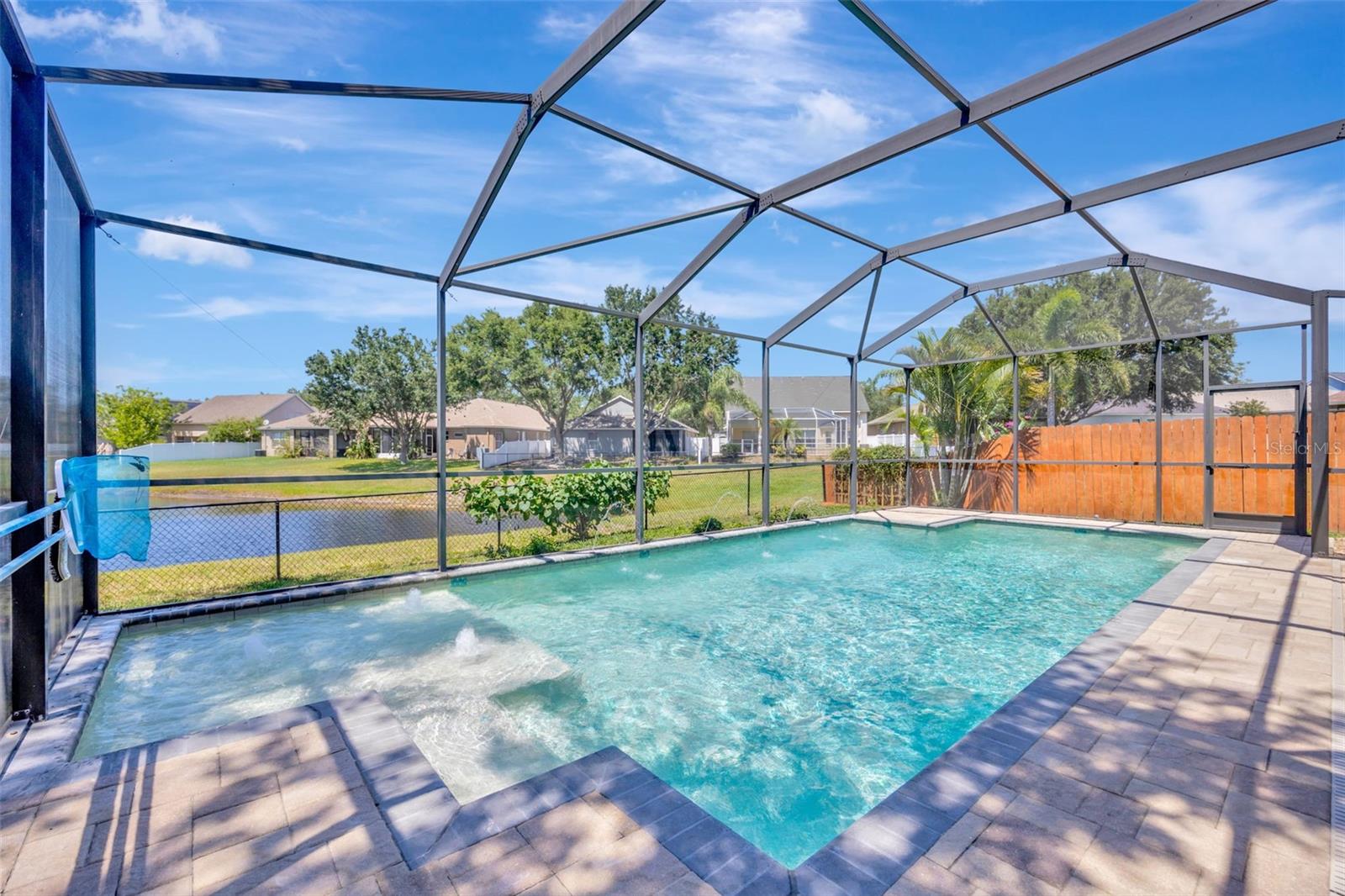 Pool deck and pool.