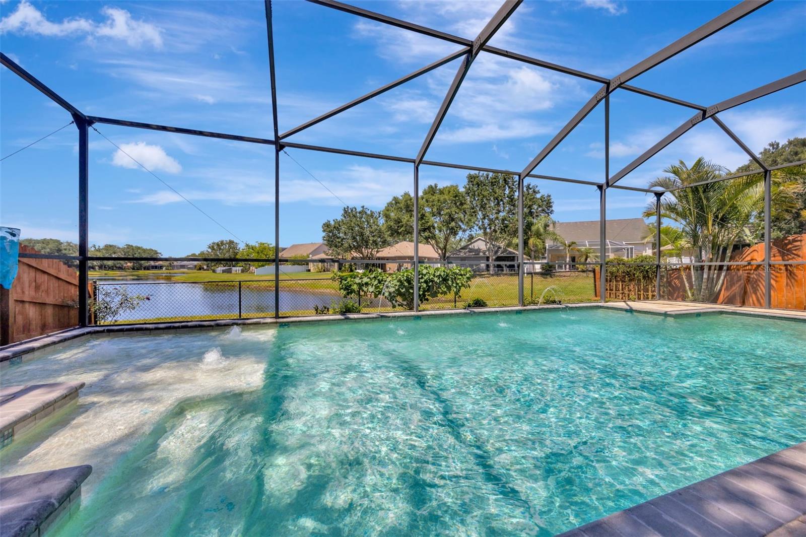 Pool deck and pool.