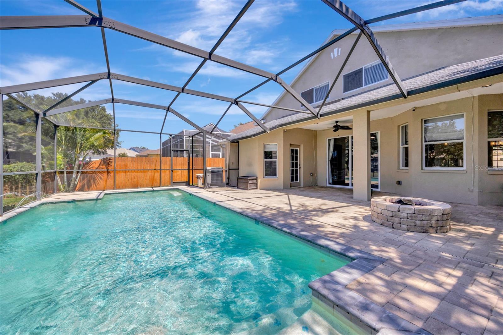 Pool deck and pool.
