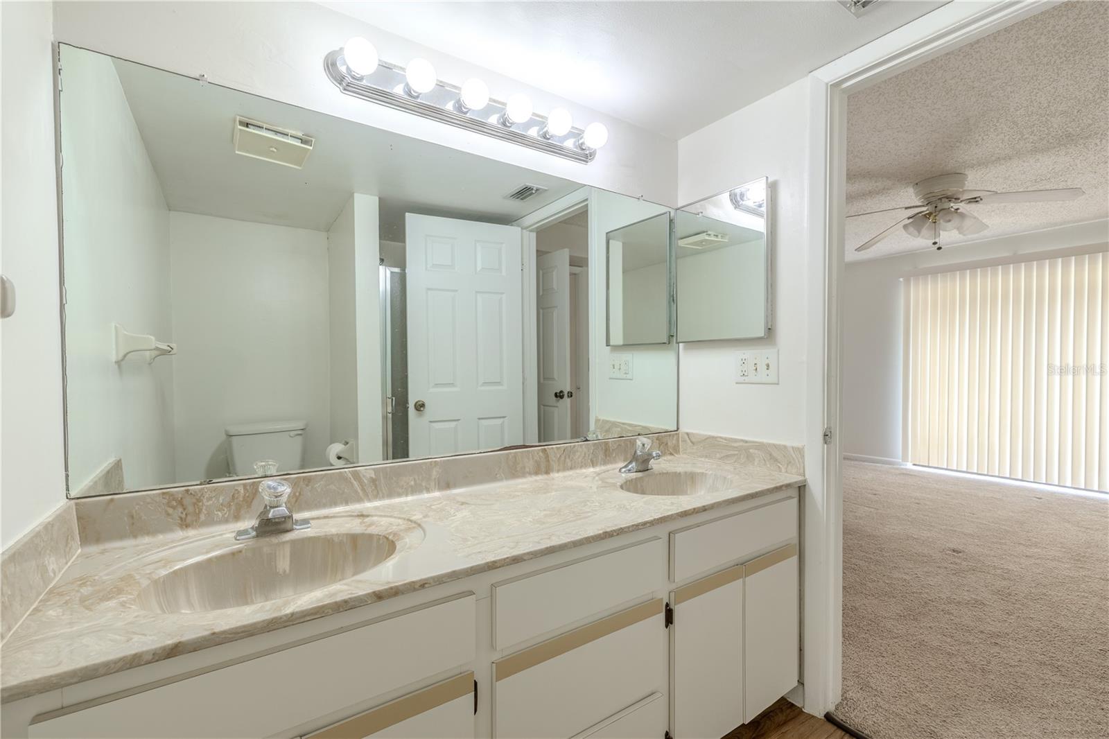 Primary bathroom features a mirrored, dual sink vanity with storage.