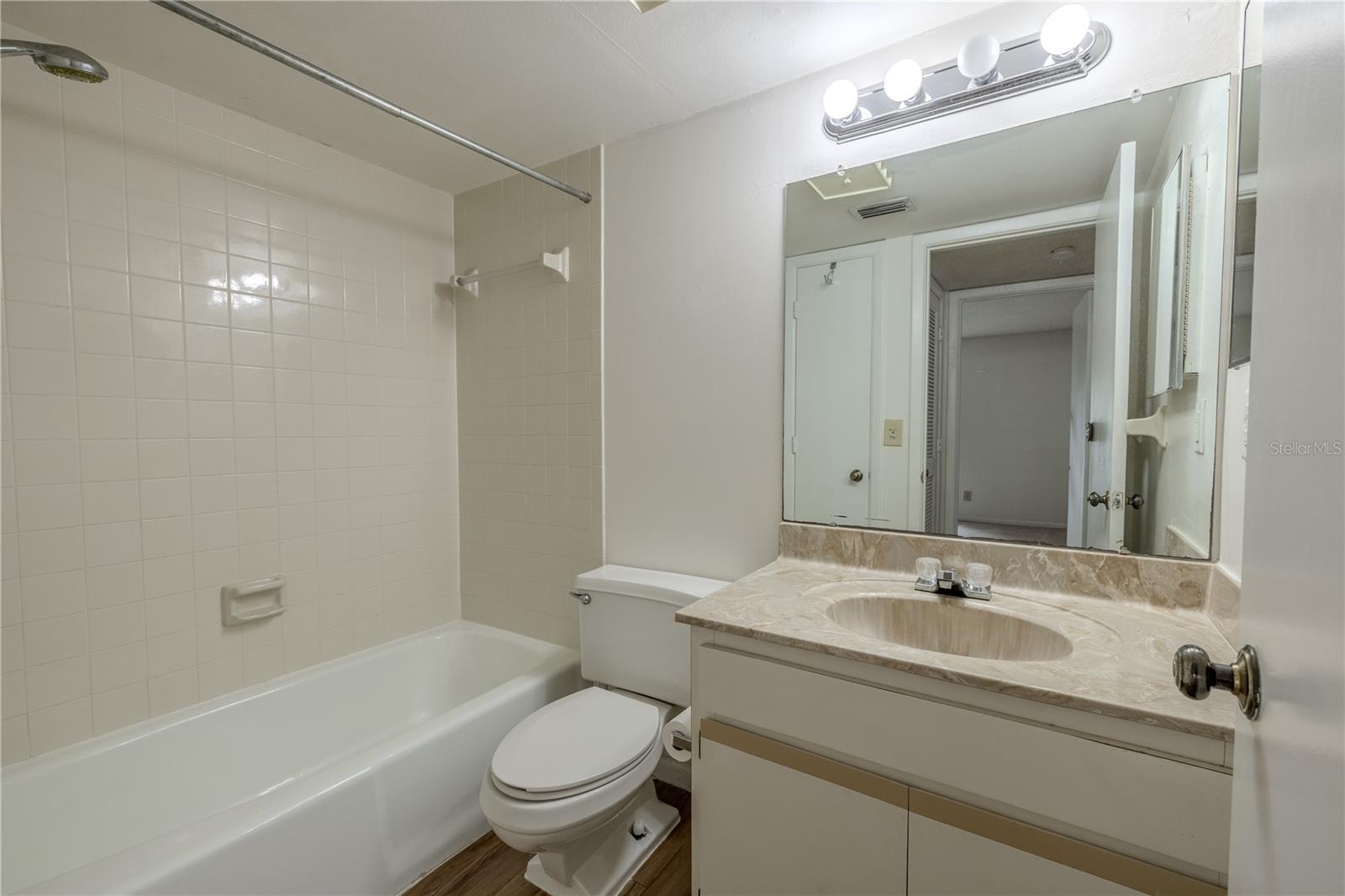 2nd bathroom features  mirrored vanity with storage and a tub with shower.