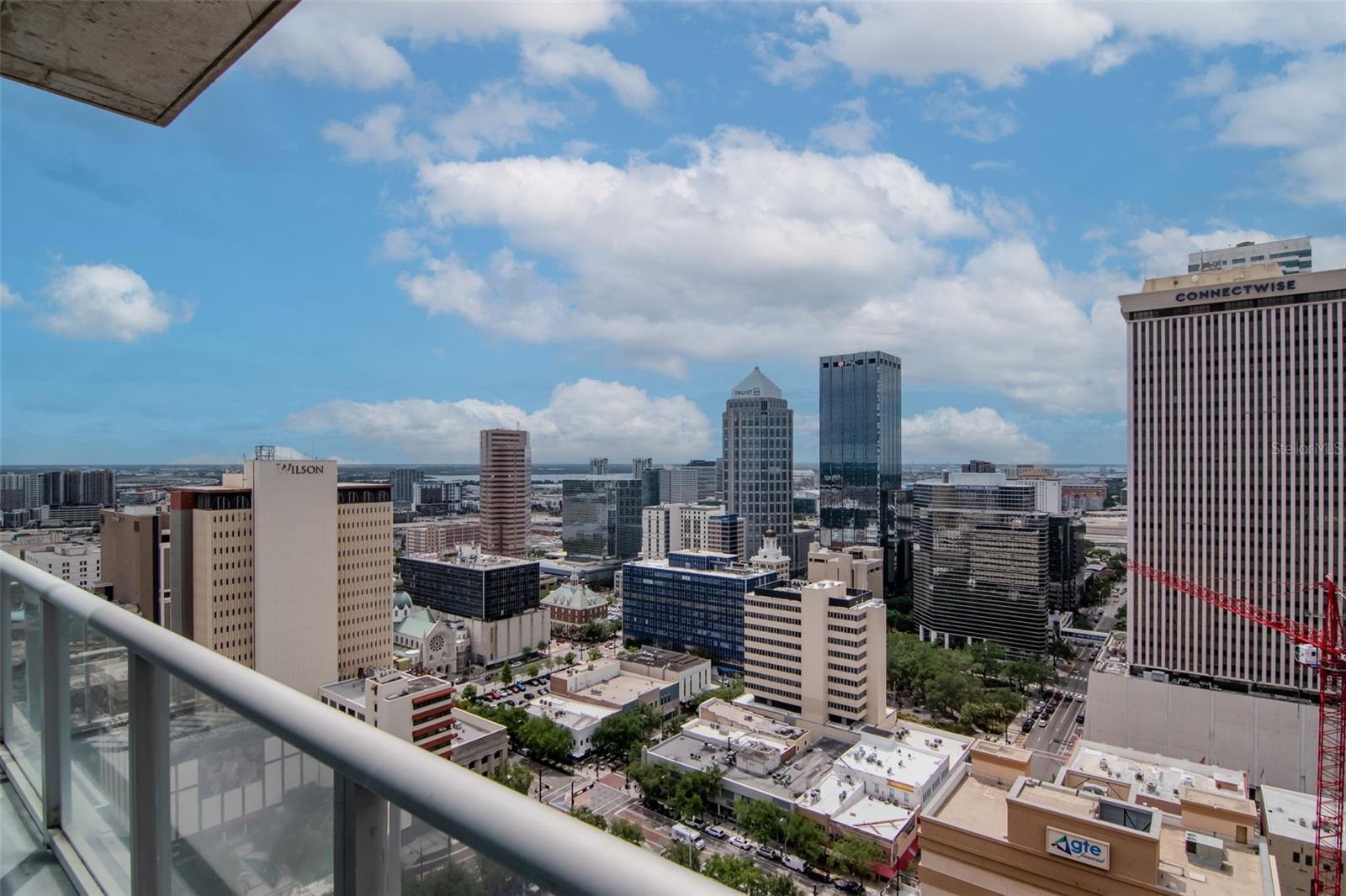 Sun-lit patio showcasing downtown Tampa’s iconic towers and bay horizon.