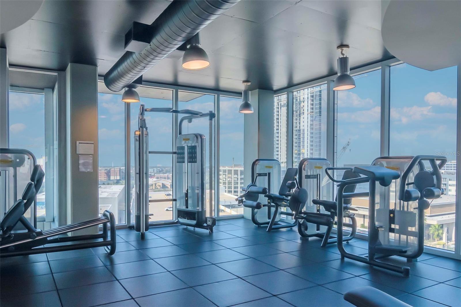 State-of-the-art gym with Technogym equipment and floor-to-ceiling windows framing the downtown skyline.