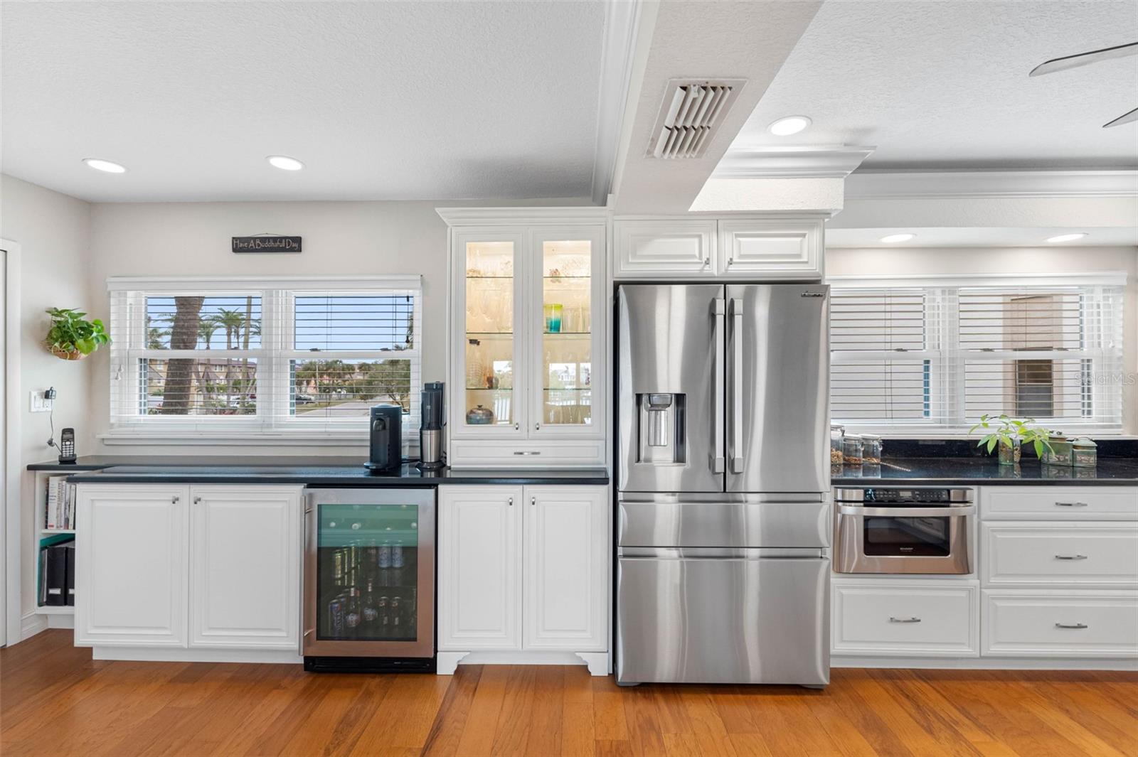 Bar area with wine cooler.
