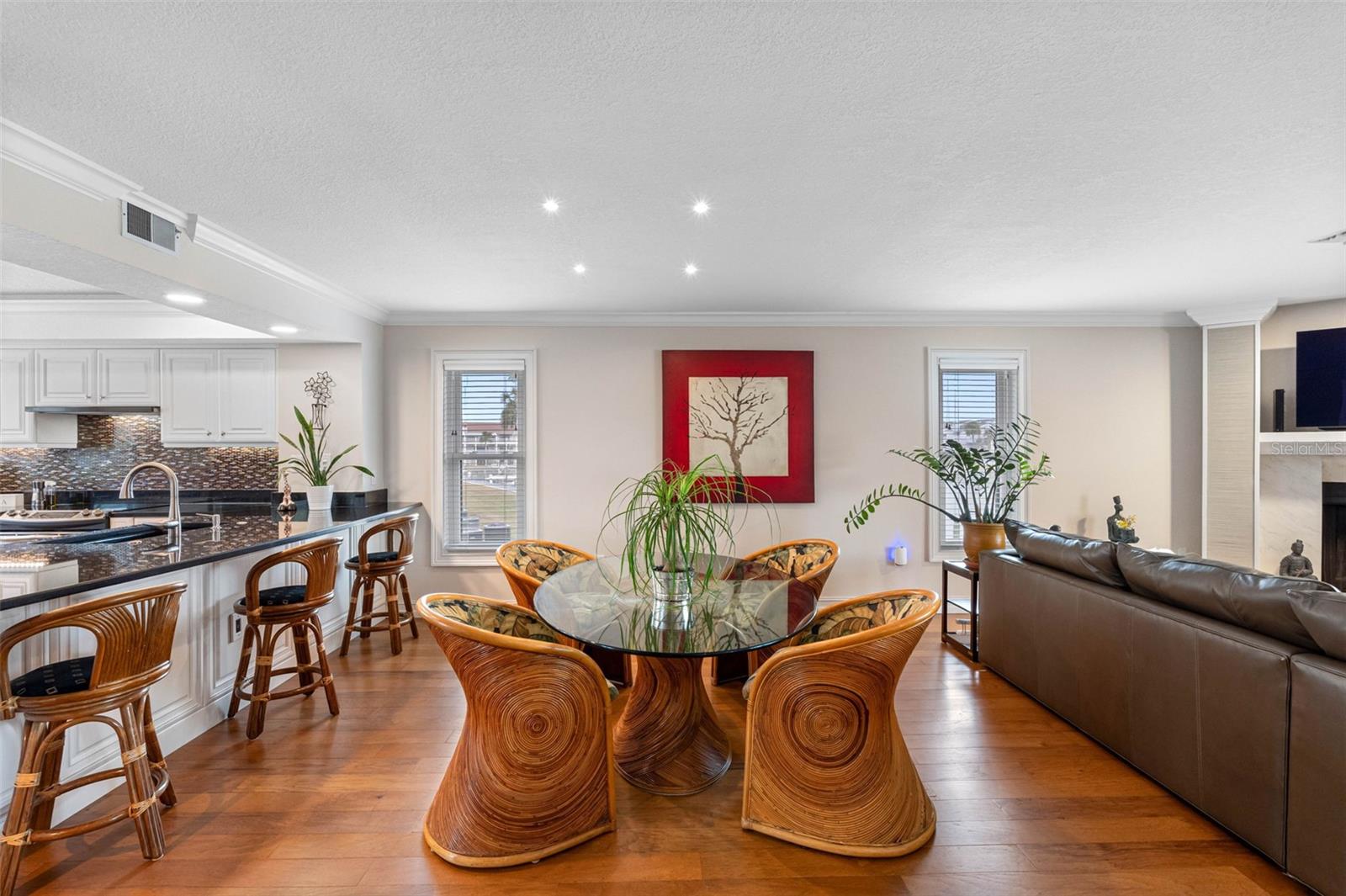 Kitchen, dining and living spaces.