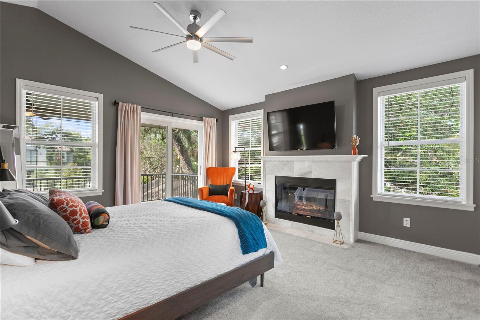 Wood-burning fireplace and vaulted ceilings