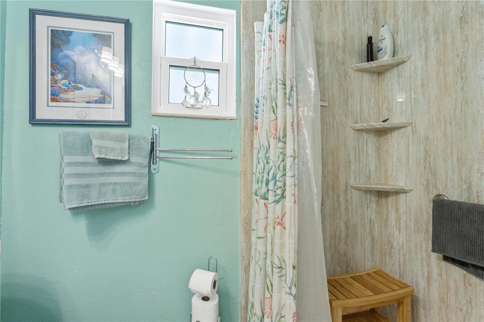 Primary Bath features shelved shower