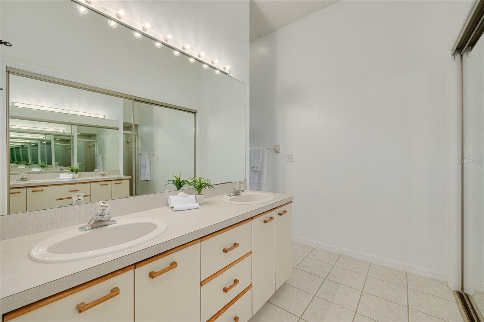 Primary bathroom with dual sinks, step in shower and built-in closet