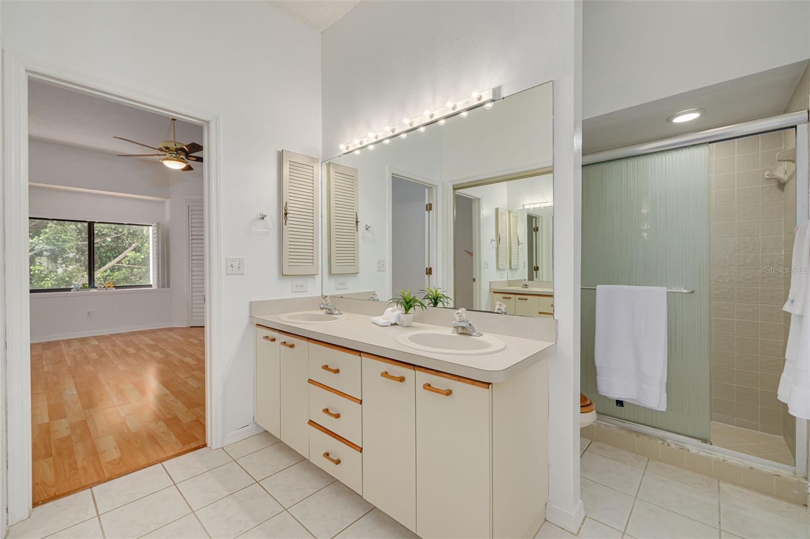 Primary bathroom - dual sinks, step in shower