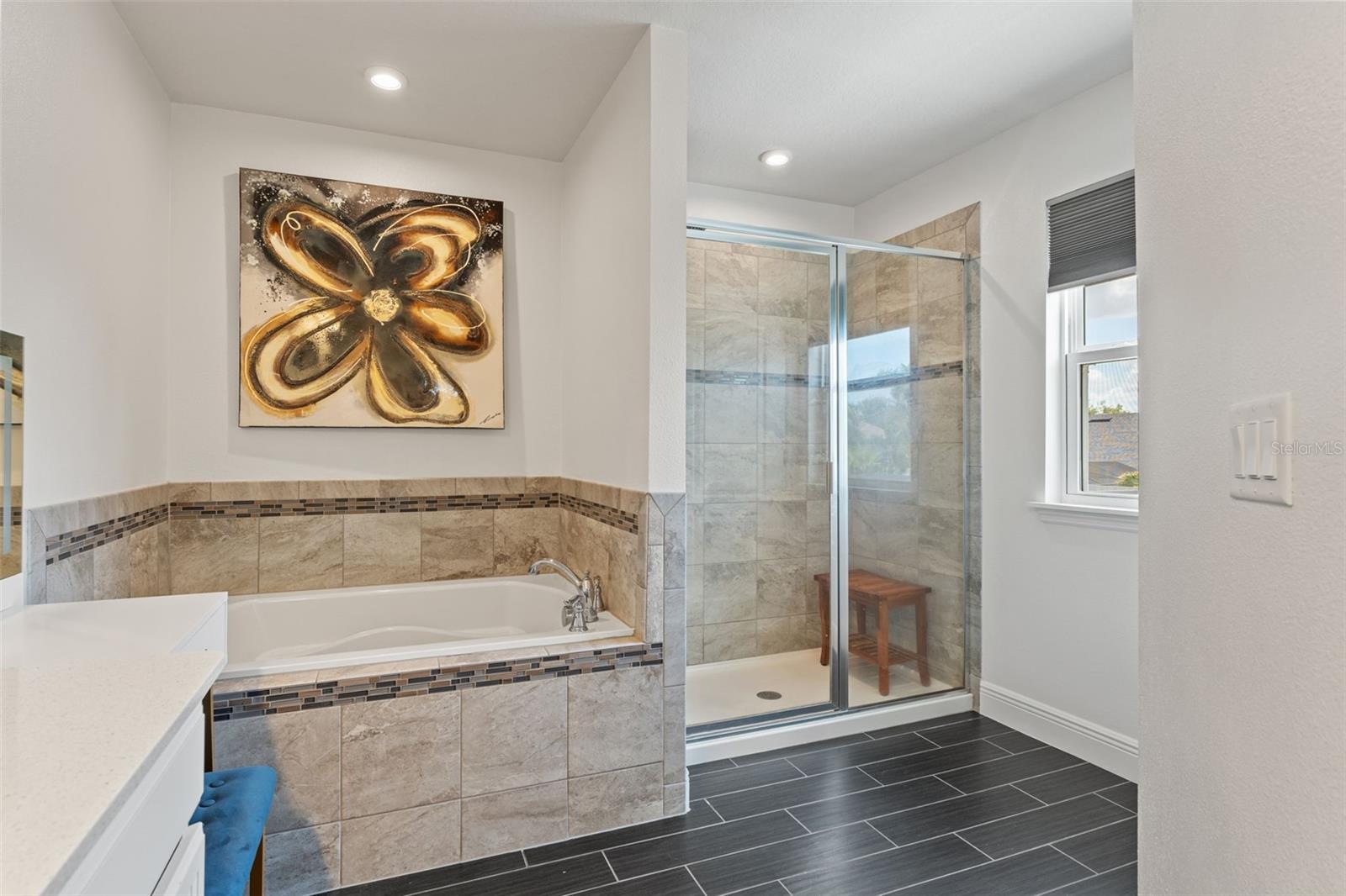 large soaking tub and walk in shower