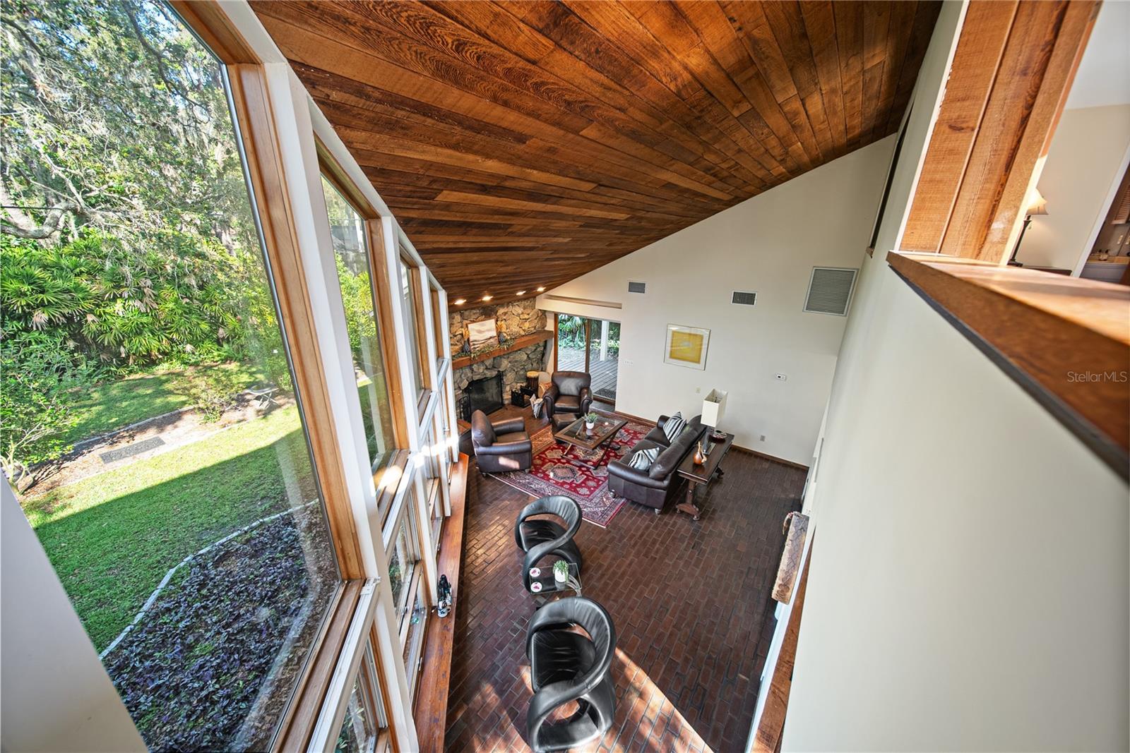 The view from upstairs of the downstairs living spaces.
