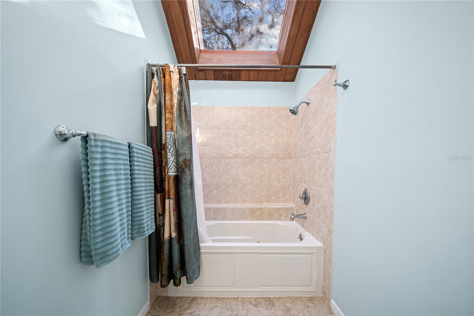 A large sky light lets in natural light in the primary shower/bathroom