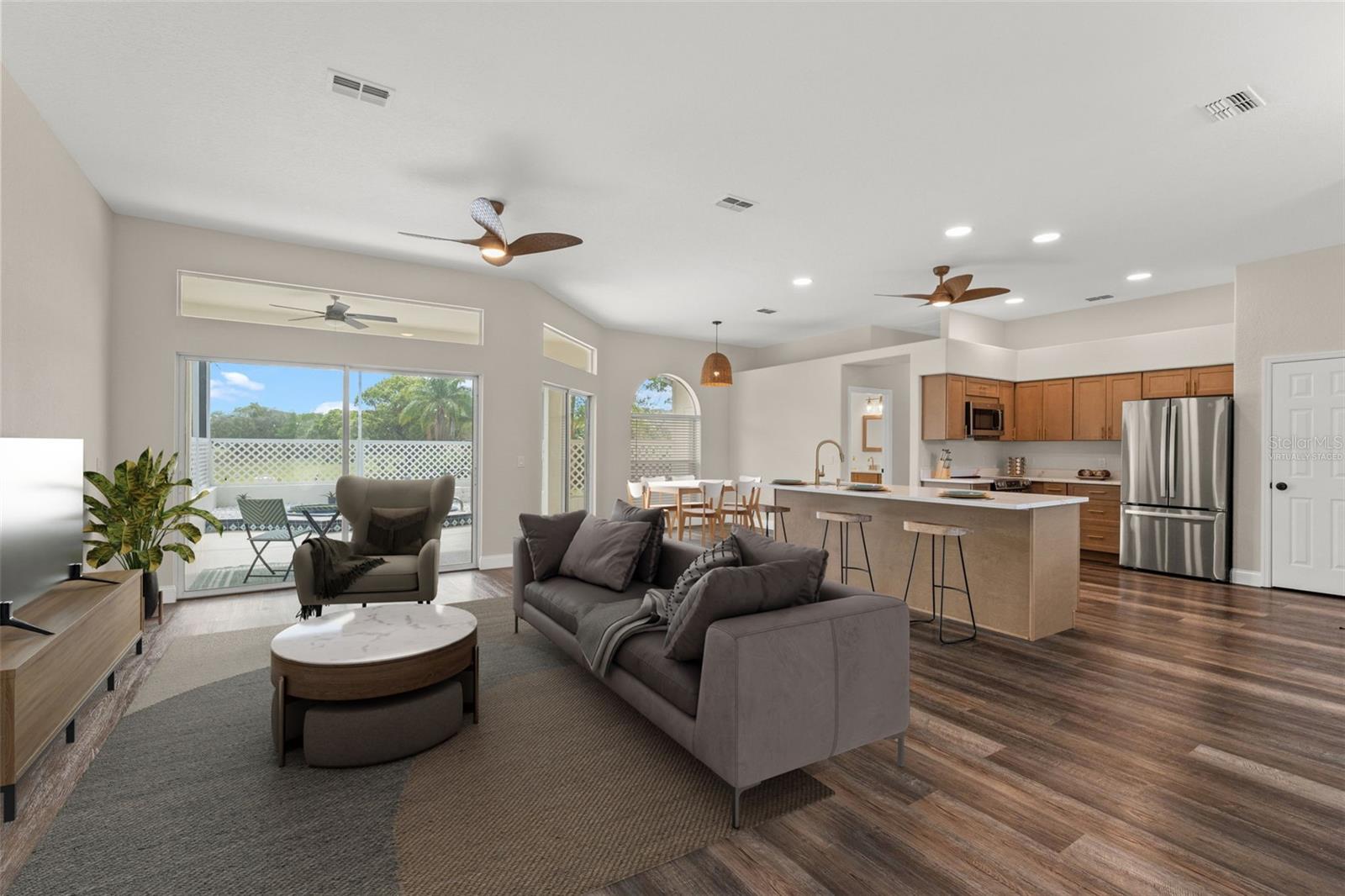 Virtually Staged Living Room w/ Kitchen View