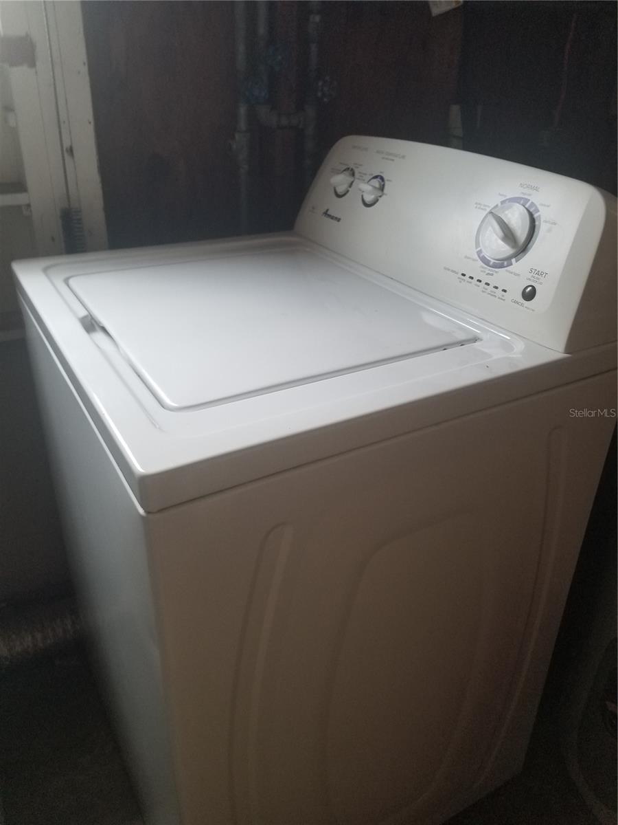 Washer in laundry storage room.