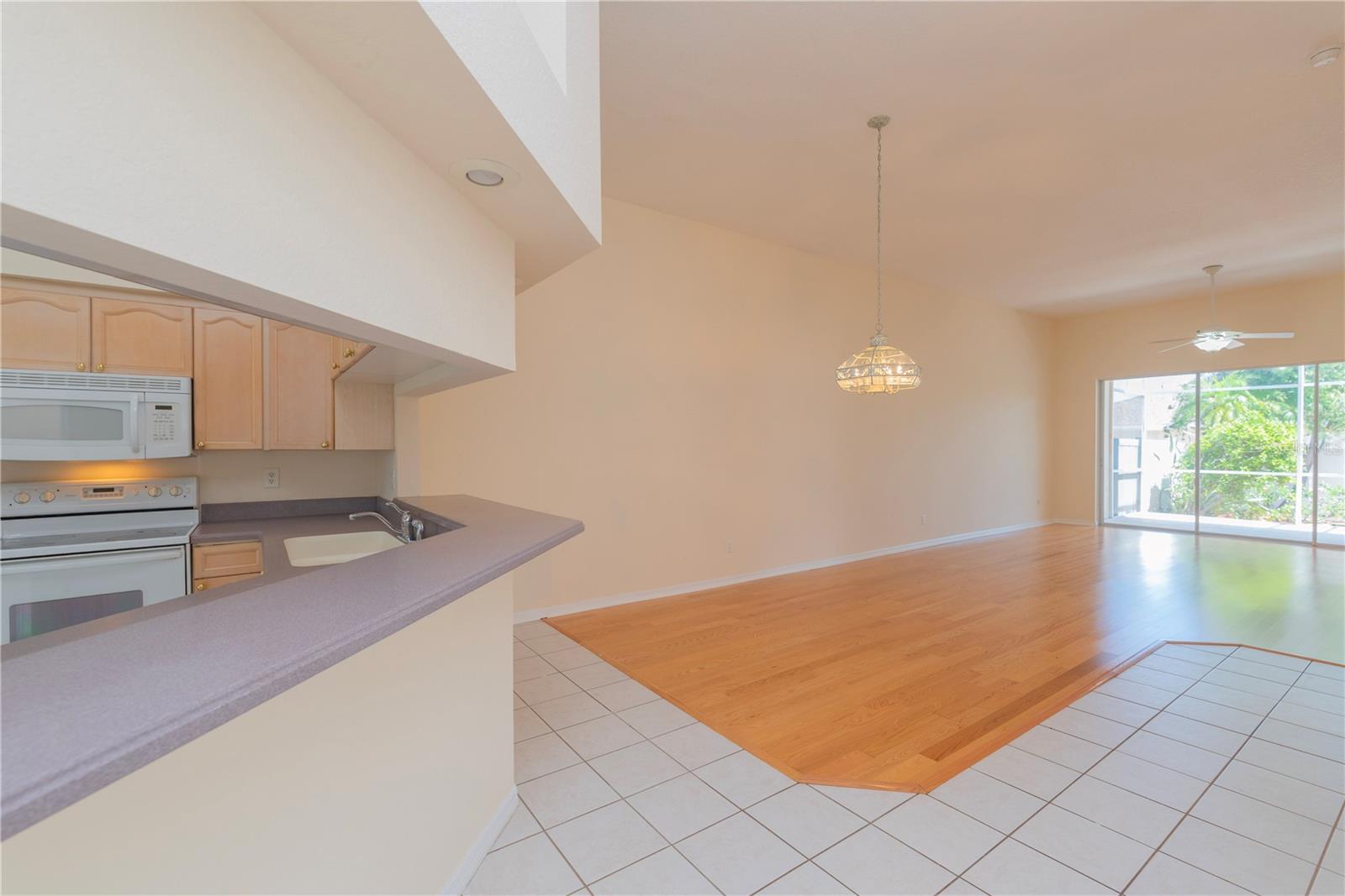 Pass through window to dining room.