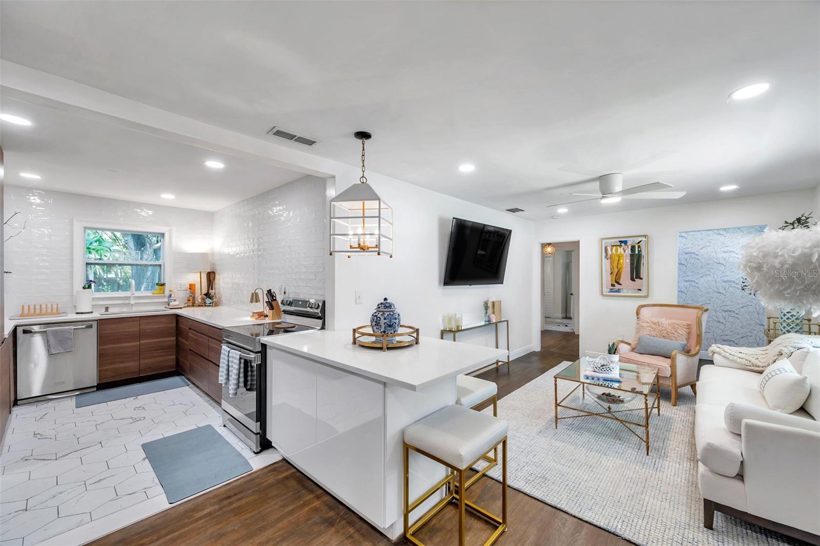 Stylish kitchen with one of a kind quartz countertop