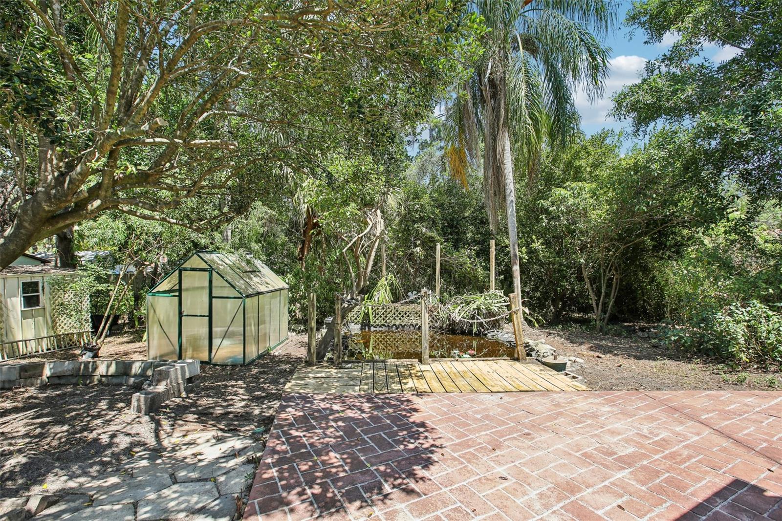 Open patio, greenhouse and sheds, koi pond
