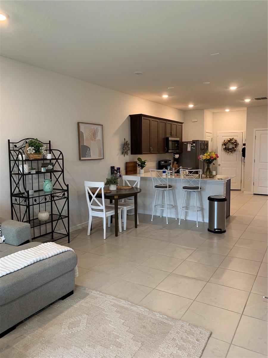 Living and dining area looking into the kitchen