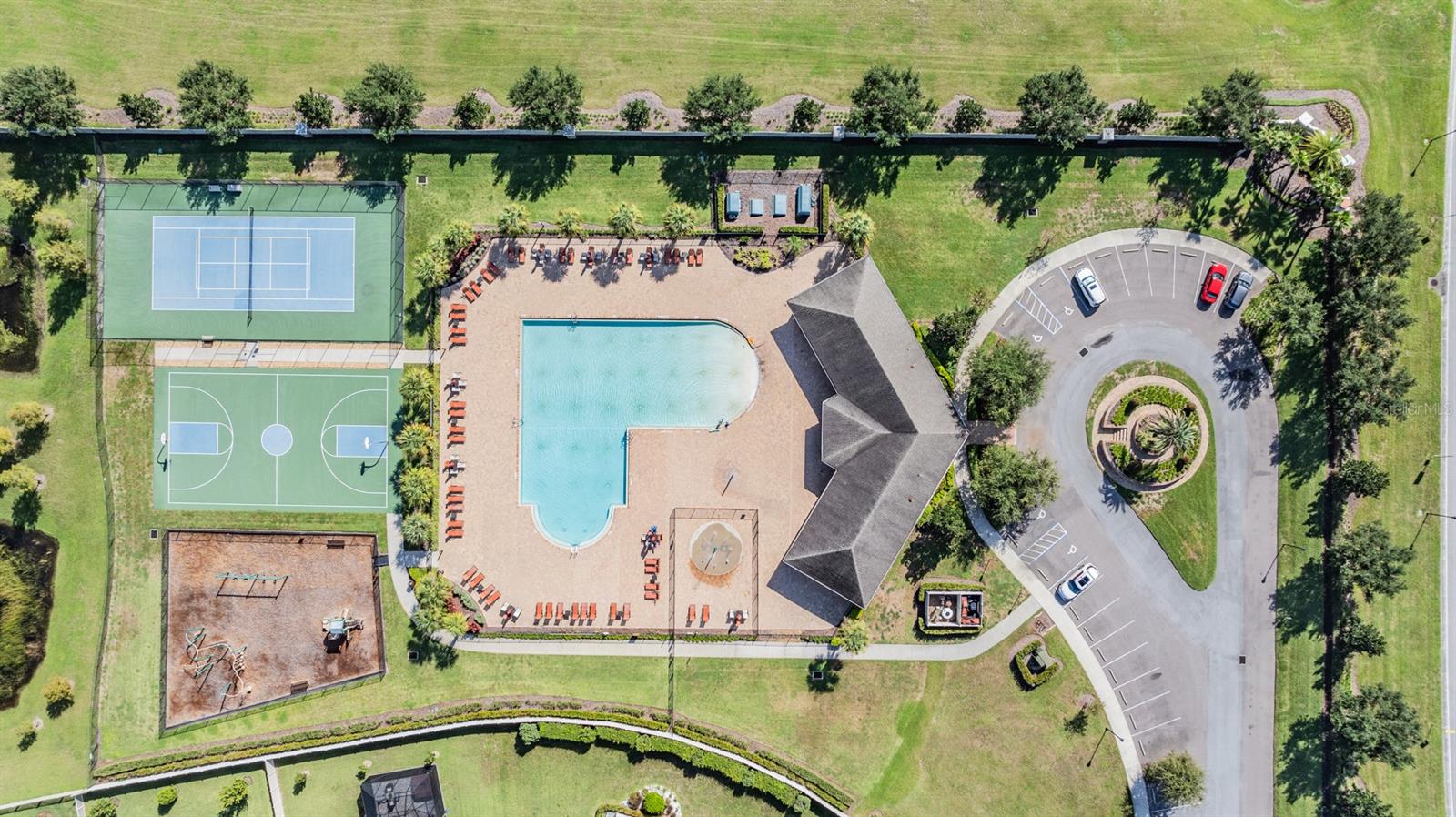 clubhouse, tennis courts and basketball court, playground