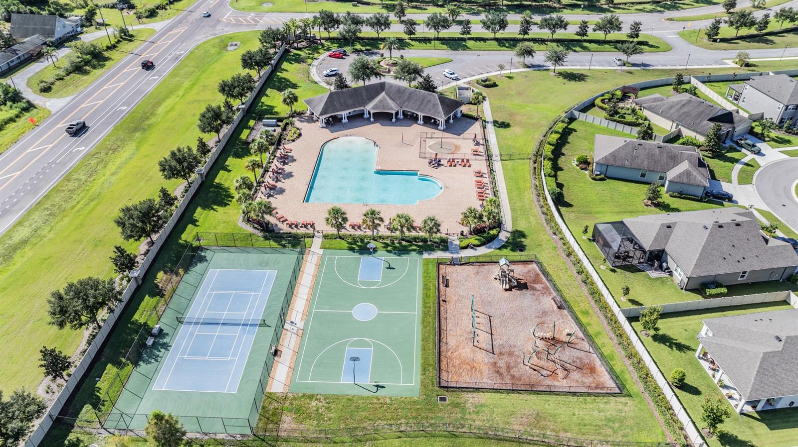 clubhouse, tennis courts and basketball court, playground,